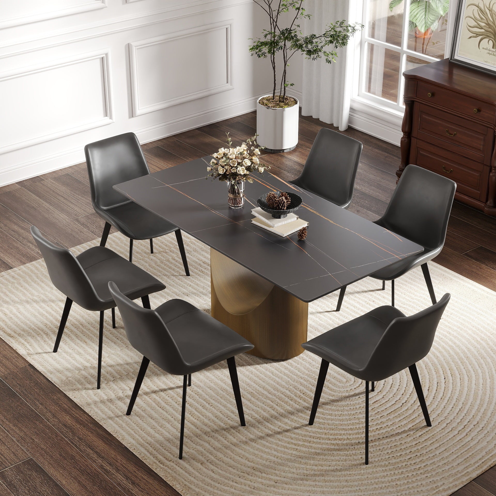 63 'Modern Artificial Stone Black Panel Bronze Iron Metal Legs-Can Accommodate 6-8 People