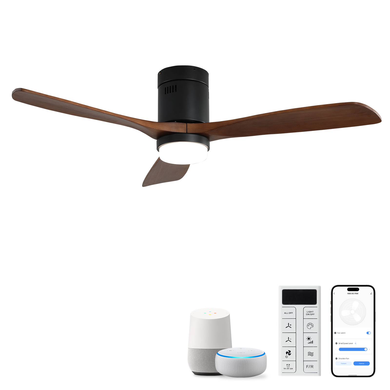 52 Inch Ceiling Fan With Lights 3 Solid Wood Fan Blade Noiseless Reversible Motor Smart Remote Control