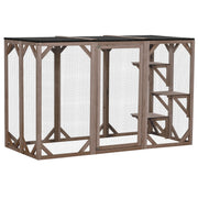 PawHut Outdoor Cat House, Catio Wooden Feral Cat Shelter, Cat Cage with Platforms, Large Enter Door, Weather Protection Asphalt Roof, 71' L, Brown