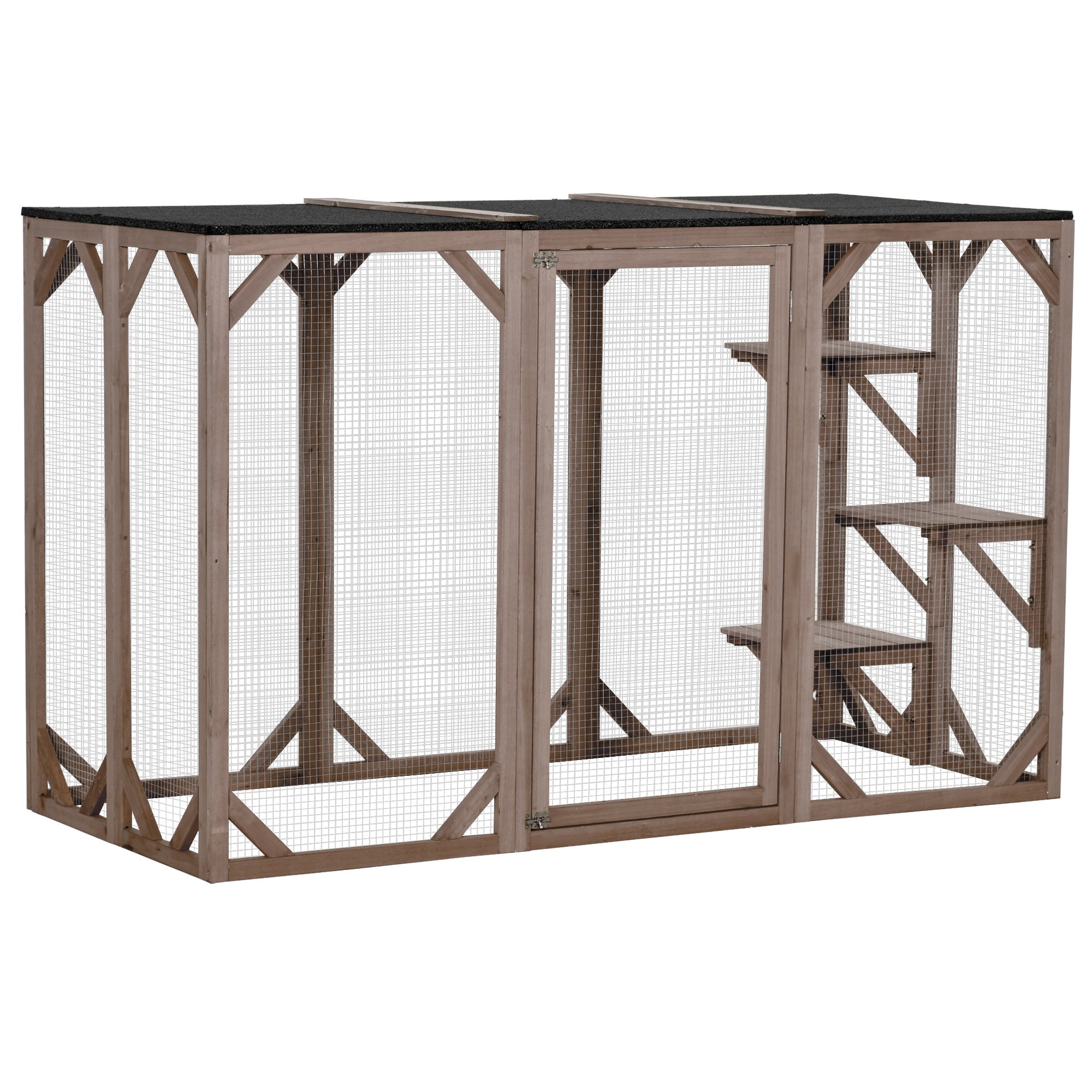 PawHut Outdoor Cat House, Catio Wooden Feral Cat Shelter, Cat Cage with Platforms, Large Enter Door, Weather Protection Asphalt Roof, 71' L, Brown