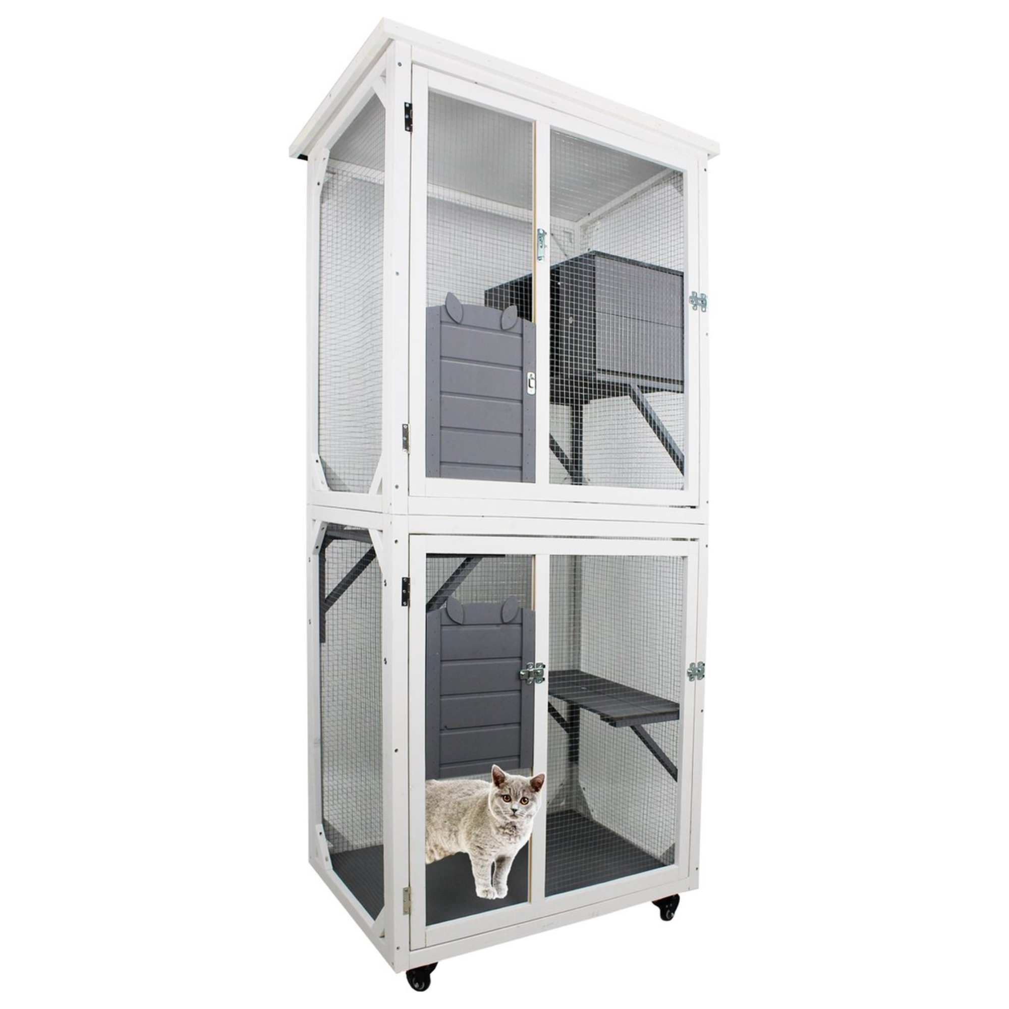 Rustic Style XPT016 Cat Climbing Rack Play Cage with Spacious Interior in Grey Solid Wood