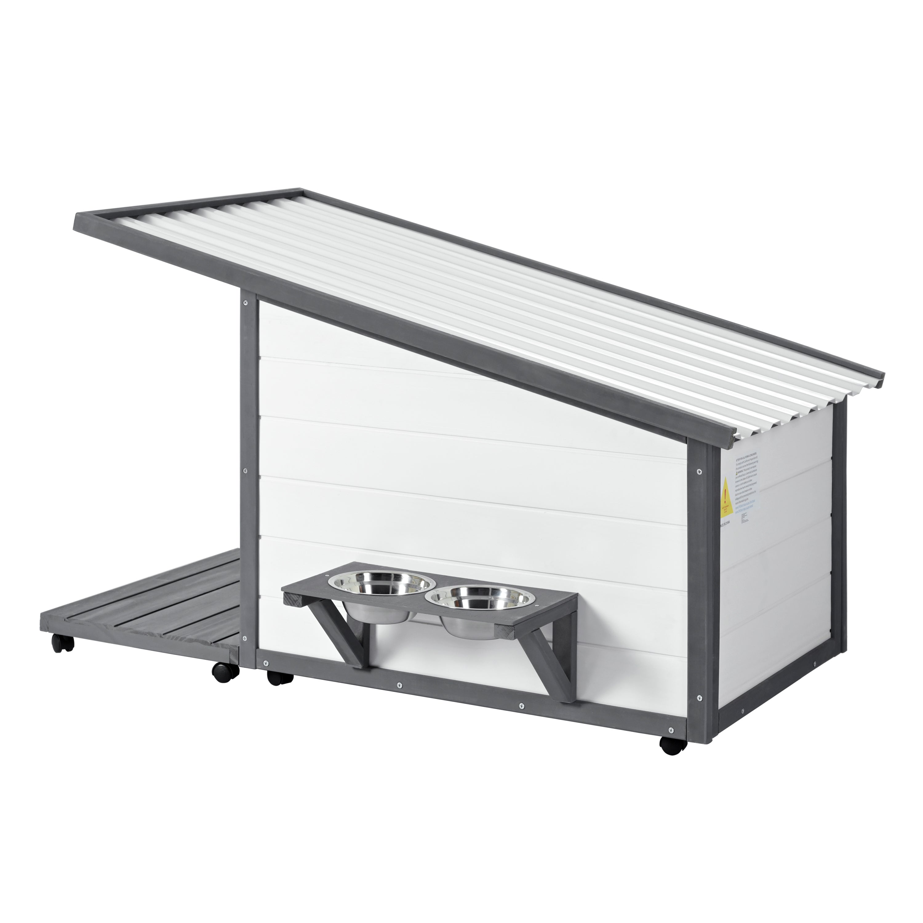 Modern Design Outdoor Dog House with Food Bowl and Wheels, Grey Pine, 44.1 x 22.1 x 28.8 inches