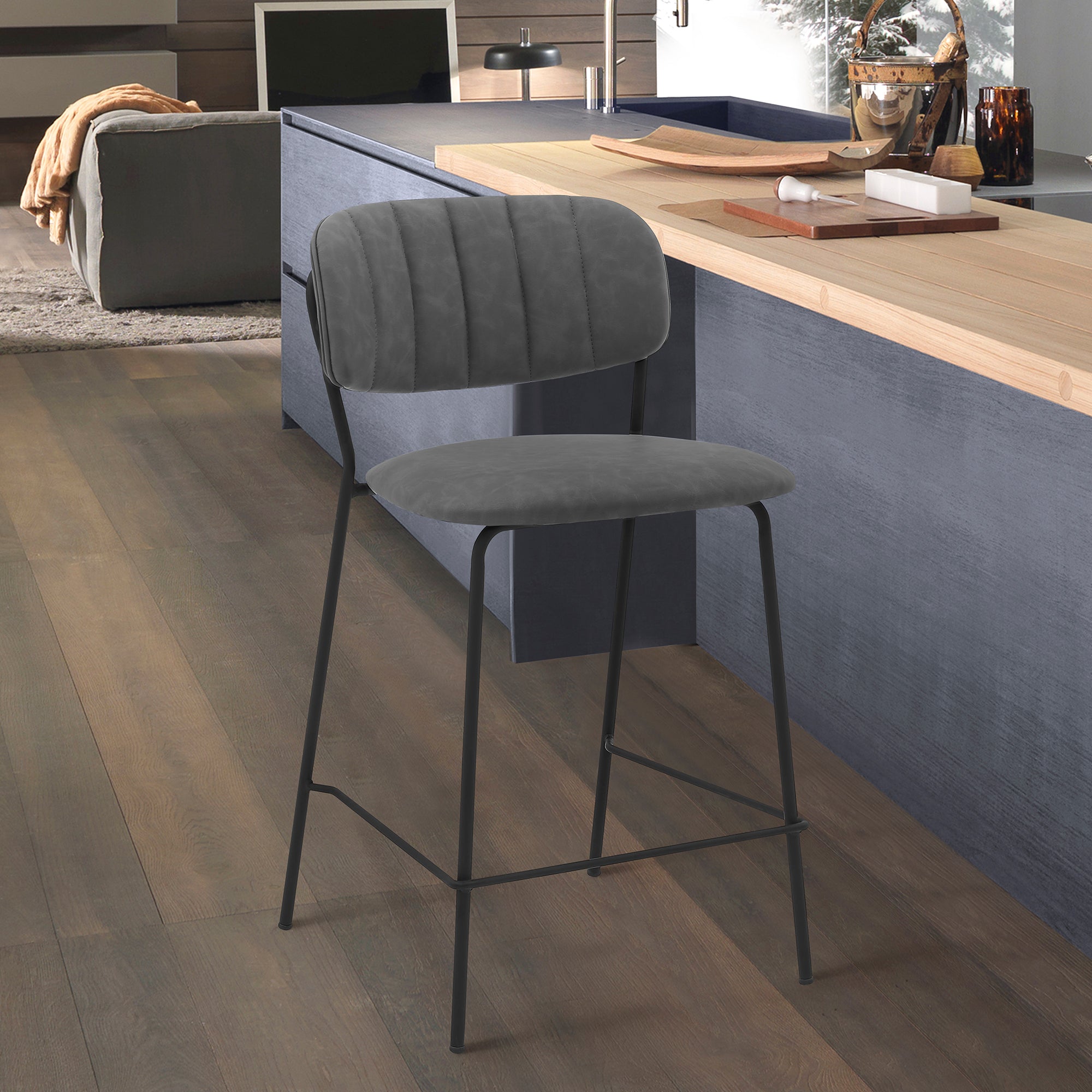 Carlo 26' Gray Faux Leather and Black Metal Counter Height Bar Stool