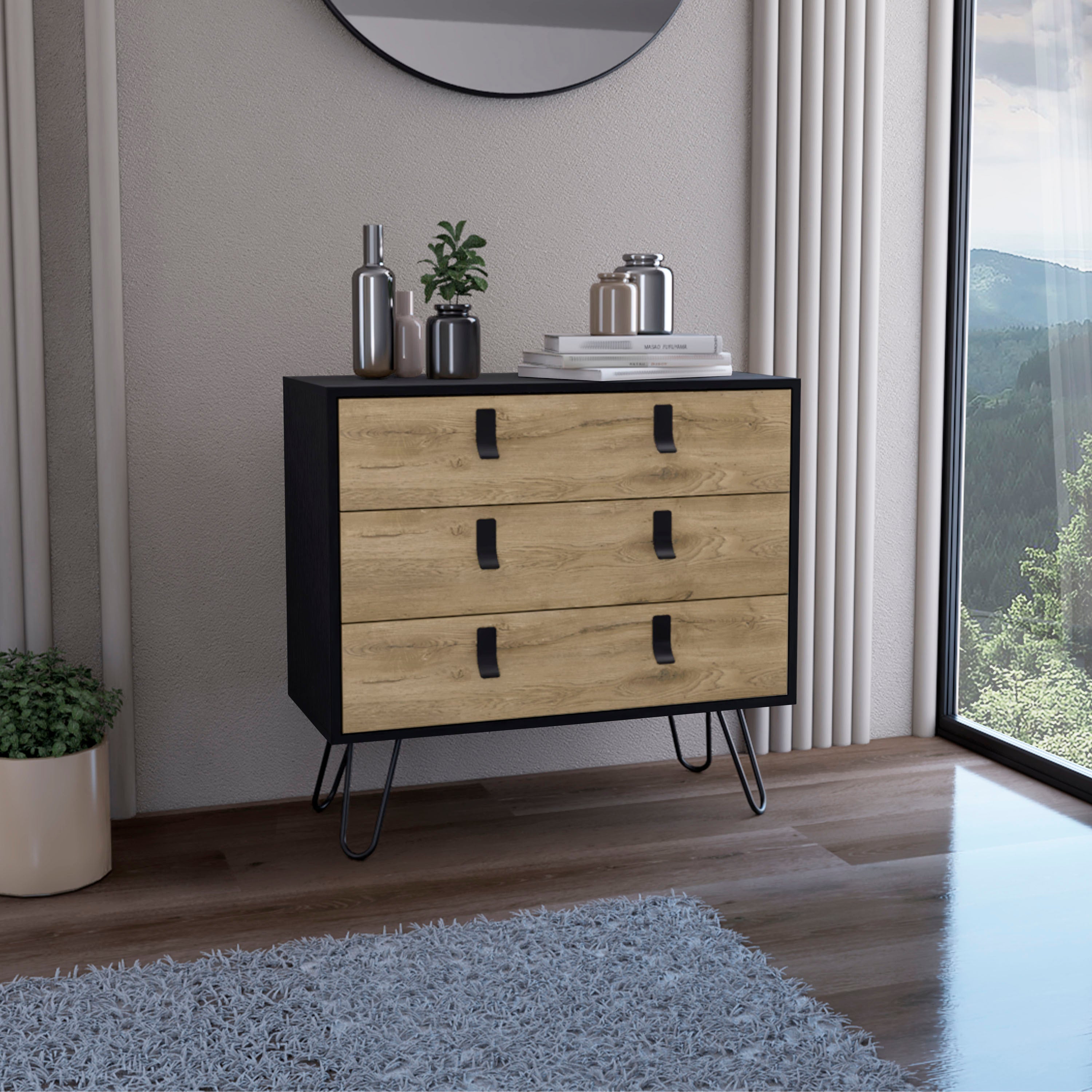 Dresser 29' H, 3-Drawer organiser, Modern Chest of Drawers with Hairpin Legs and Metal Accents, Black / Macadamia