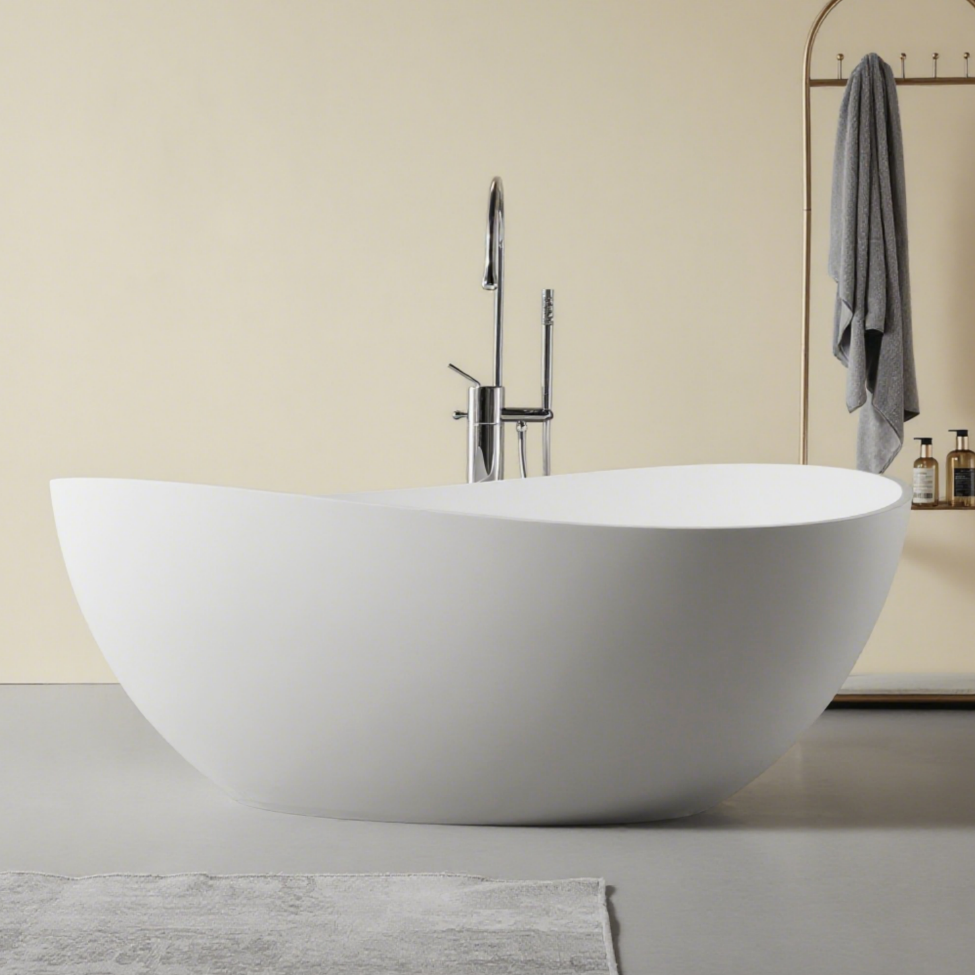 63' Freestanding Solid Surface Bathtub, Luxury Engineered Stone Resin Freestanding Soaking Bathtub with Overflow and Pop-up Drain for Contemporary Bathroom, Matte White 24S05-63MW