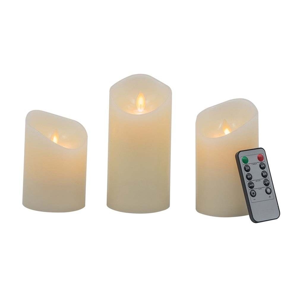 Set of 3 Flickering Ivory LED Candles with Remote Timer, L:D3X6' M:D3X5' S:D3X4'