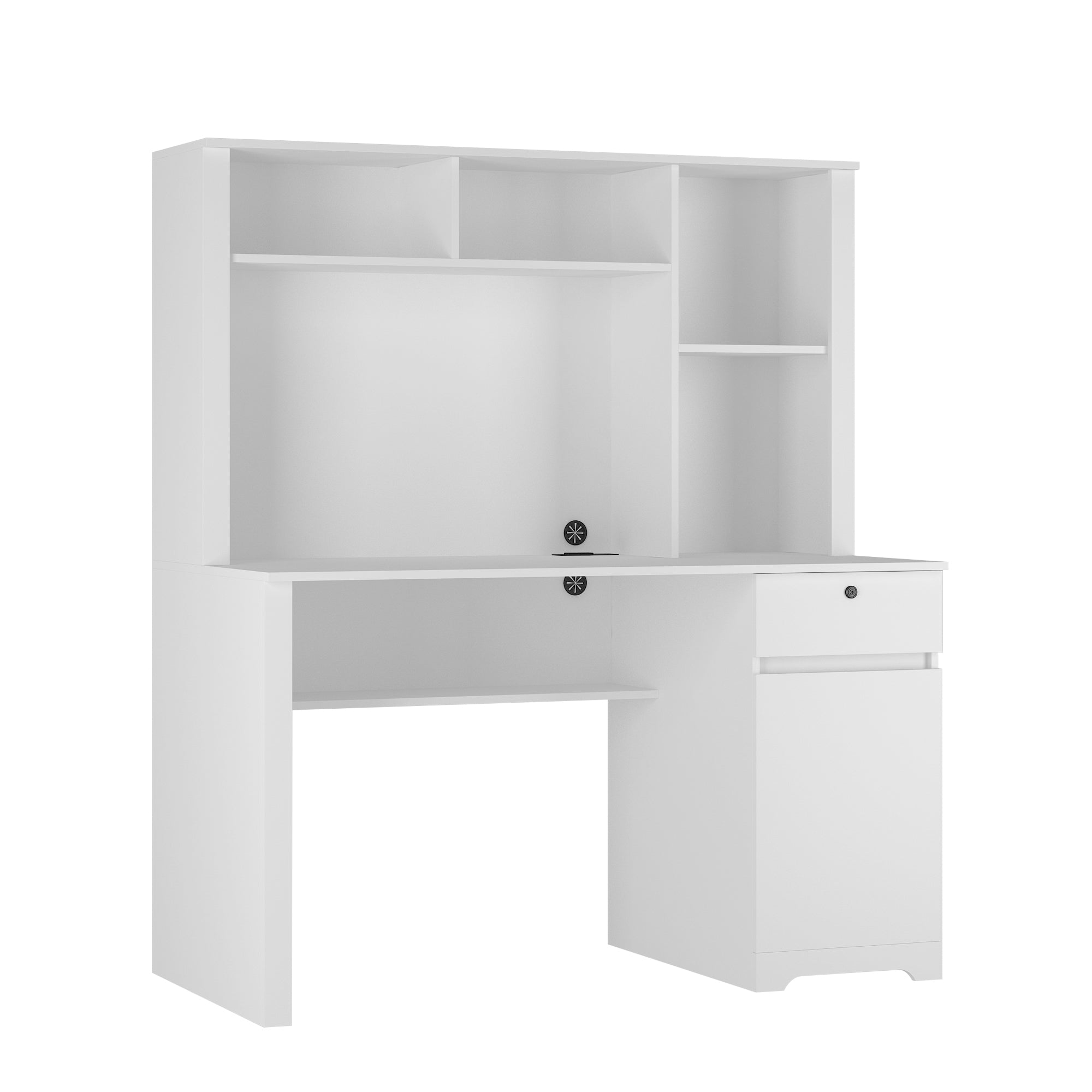 Modern Wooden Computer Desk with Hutch & Bookshelf, White Home Office Desk with Drawers, 3 AC Outlets, 2 USB Ports