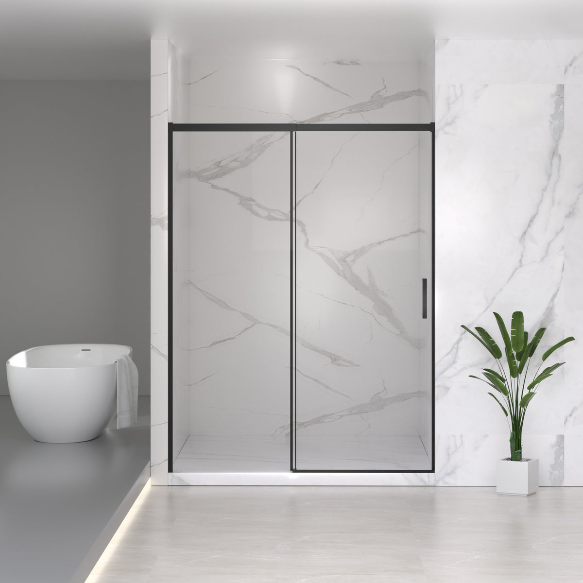 56-60' W x 74' H Semi-Frameless Sliding Shower Door, 1/4' (6mm) Clear SGCC Tempered Glass, Matte Black Finished, Adjustable Width – No Cutting Required