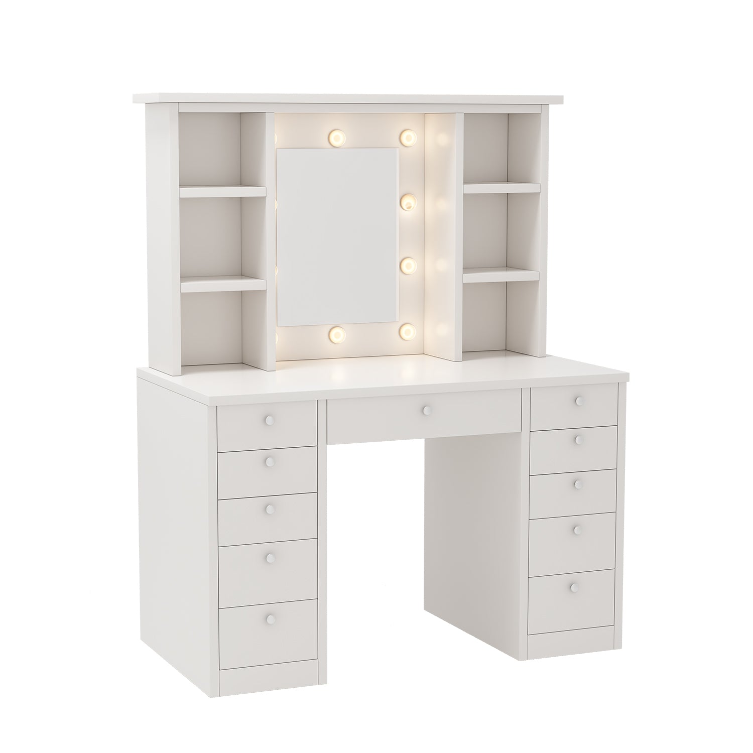 Vanity Desk with LED Lighted Mirror, Makeup Vanity with 11 Drawers, Adjustable Lighting, White MDF