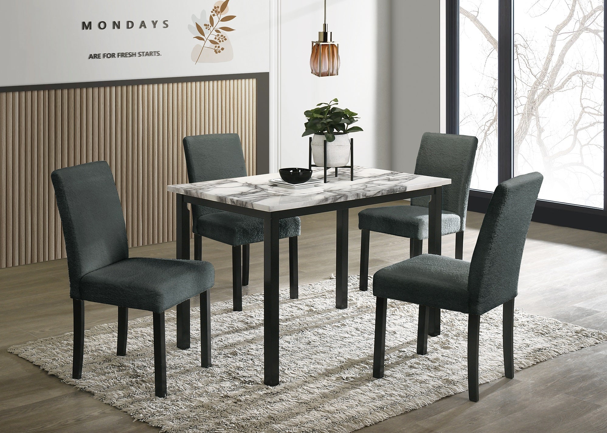 Charcoal Finish Wool Fabric Chairs Faux Marble Top Table 5pc Dining Set Kitchen Dinette Cushions Upholstered 4x Chairs Dining Room