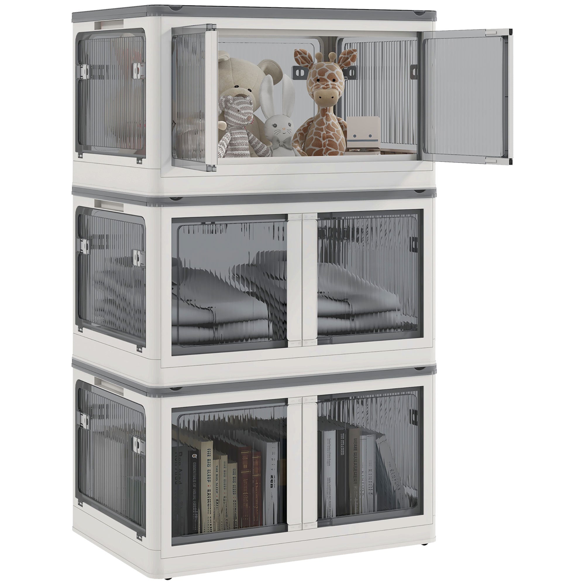 HOMCOM 3 Stackable Storage Bins w/ Lids, Wheels, Collapsible, 18 gal, White