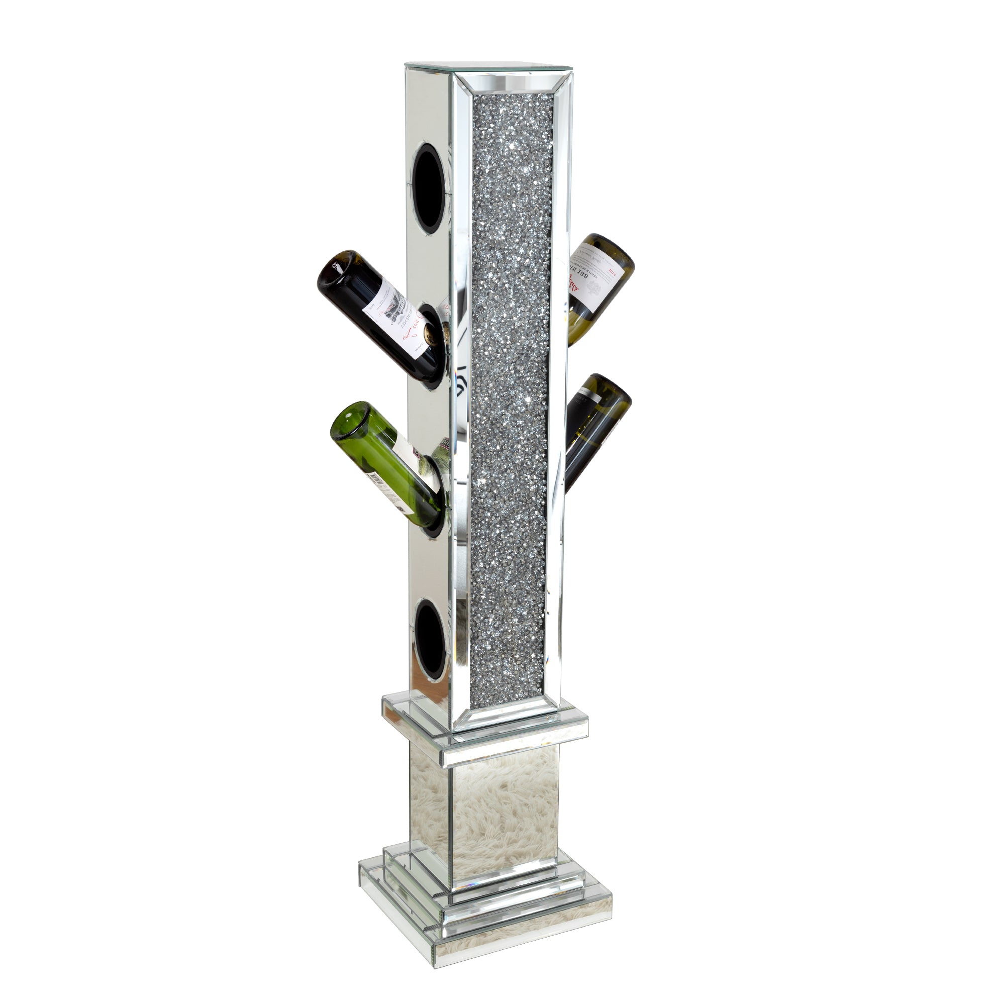 UK Style Crushed Diamond Floating Silver Mirrored Wine Bottle Holder MDF Glass