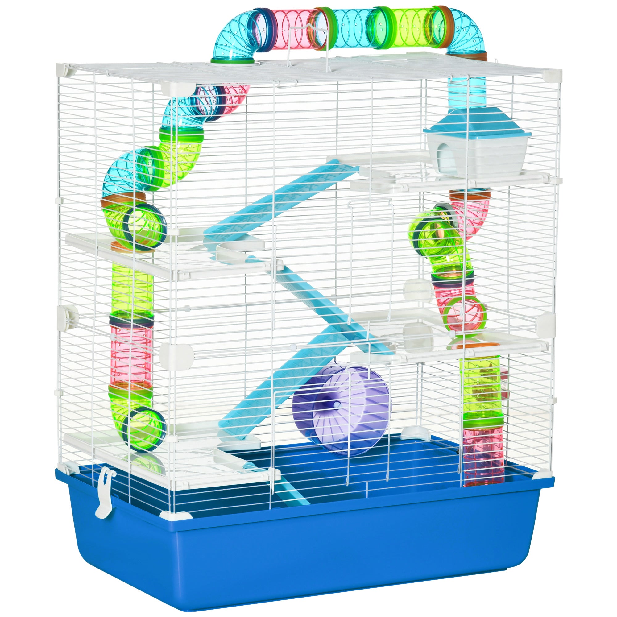 PawHut Extra Large 23' Hamster Cage with Tubes and Tunnels, Portable Carry Handles, Rat House and Habitats Big 5-Tier Design, Includes Exercise Wheel, Water Bottle, Food Dish, Blue