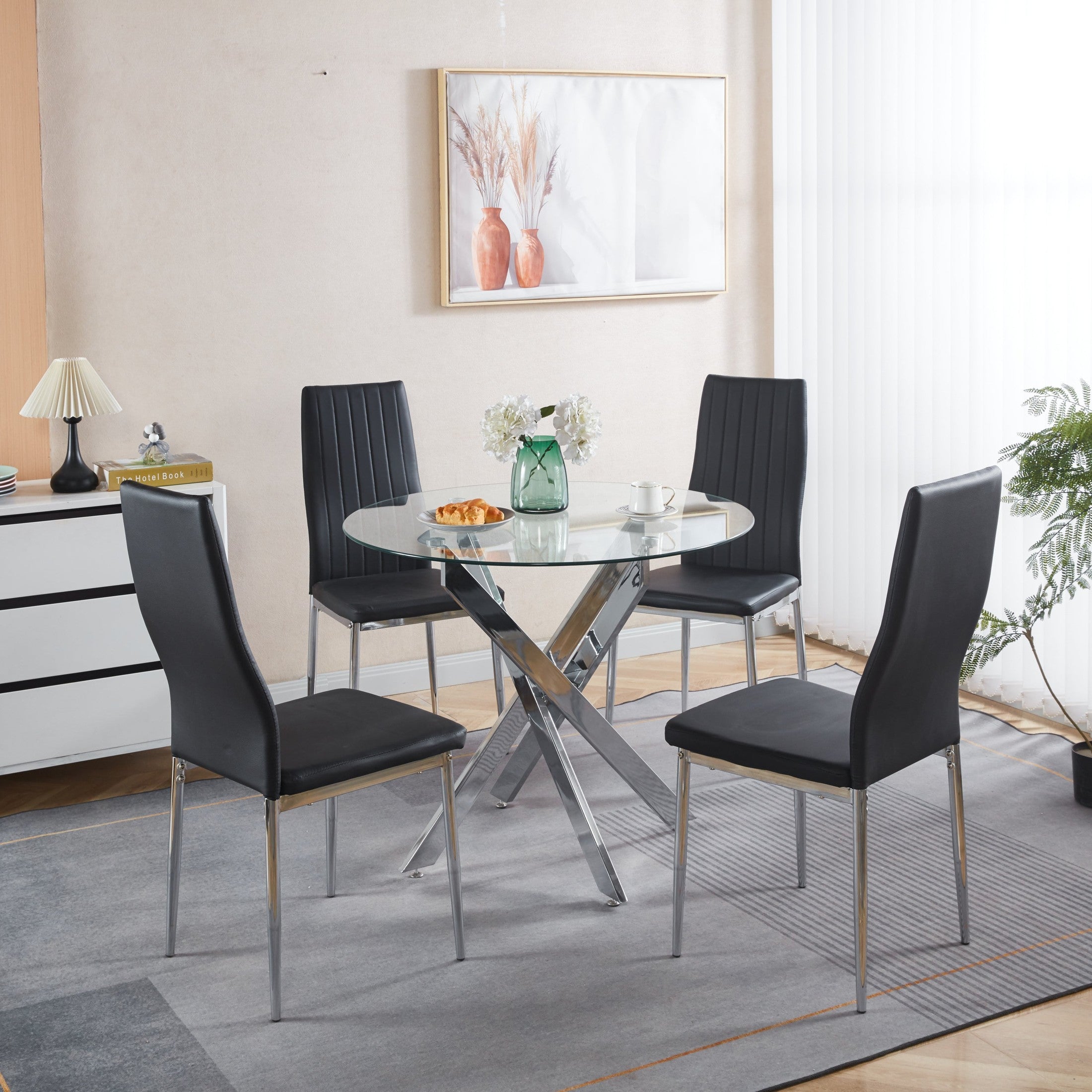 1+4,5pieces dining set, Table metal leg Mid-century Dining Table for 4-6 people With Glass  Table Top, Pedestal Dining Table, End Table Leisure Coffee Table.