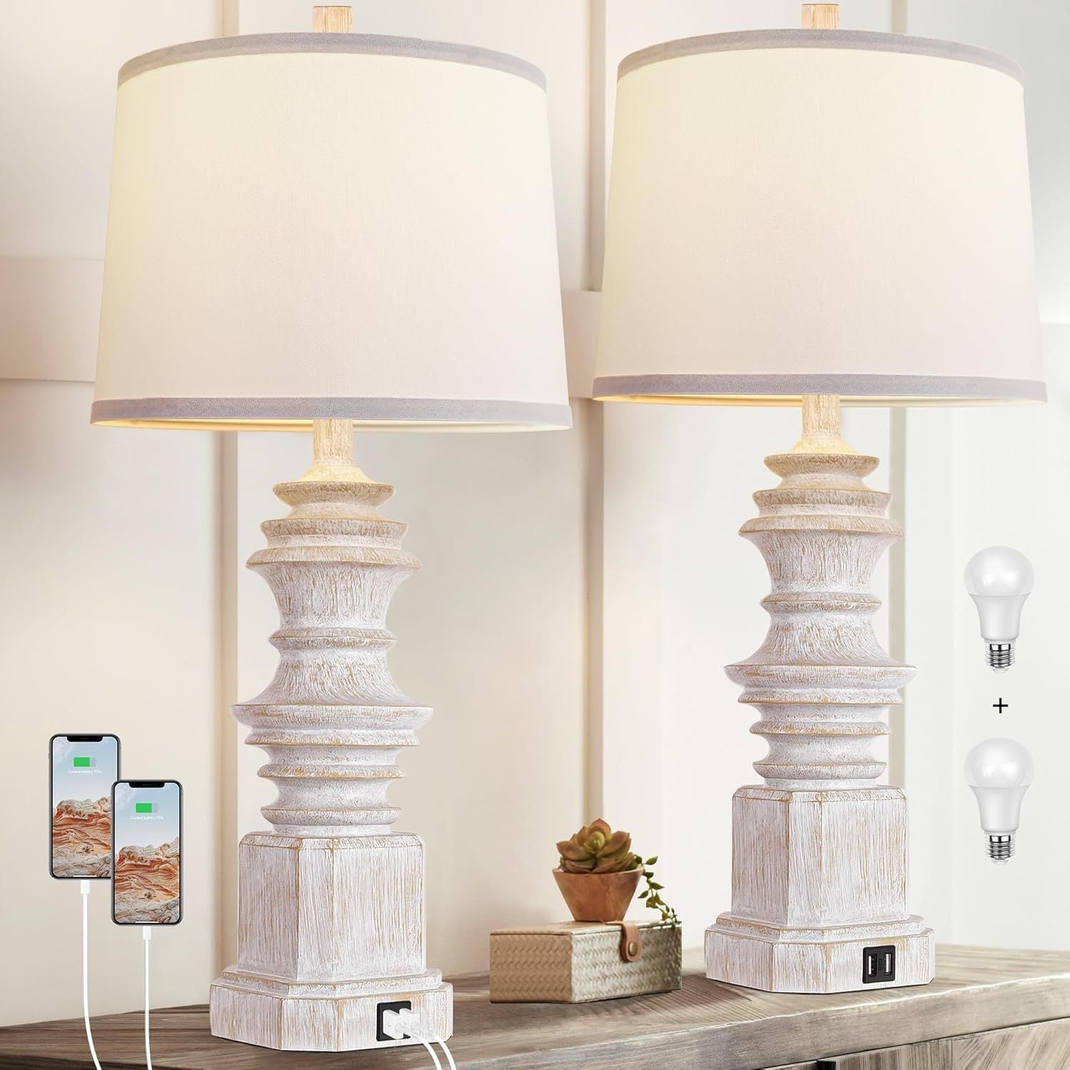 Table Lamps for Nightstand Set of 2, Bedside Lamp with Dual USB Charging Ports, Farmhouse Decor Table Lamps with White Fabric Lampshade for Living Room, Bedroom Lamps with 3 Color Modes Bulbs
