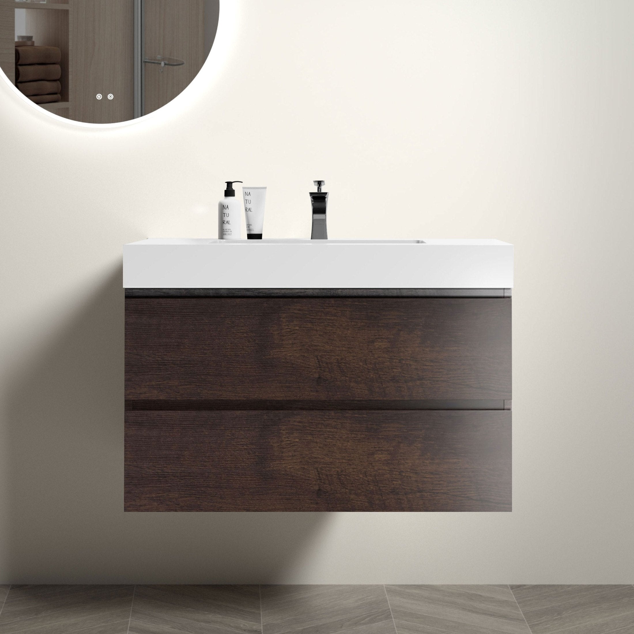 Alice 36' Walnut Bathroom Vanity with Sink, Large Storage Wall Mounted Floating Bathroom Vanity for Modern Bathroom, One-Piece White Sink Basin without Drain and Faucet, Pre-assembled