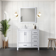 White Bath Vanity 36 in. W x 22 in. D, Left Offset Carrara Marble Top, and Faucet Set