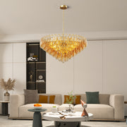 37' Extra Large Chandelier, 14-Light Gold Modern Round Chandelier for Living Room, Tiered Smoke Blown Glass Brass Chandeliers, Hanging Light Fixture for Bedroom, Dining Room, Foyer, Entryway