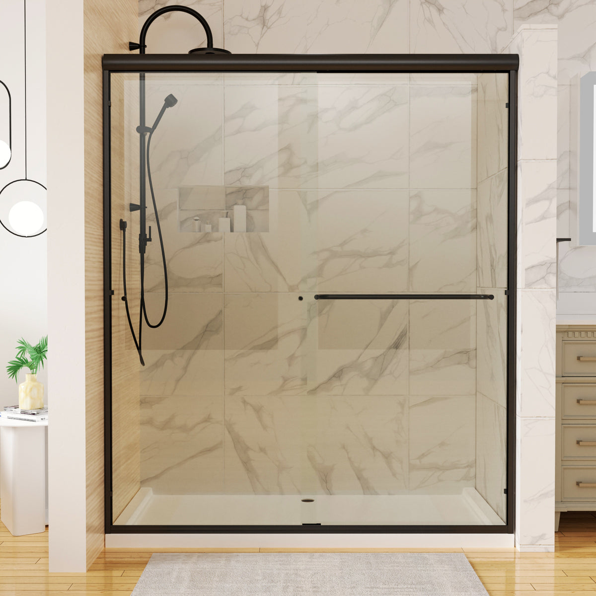 60 in. x 70 in. Traditional Sliding Shower Door in Matte black with Clear Glass