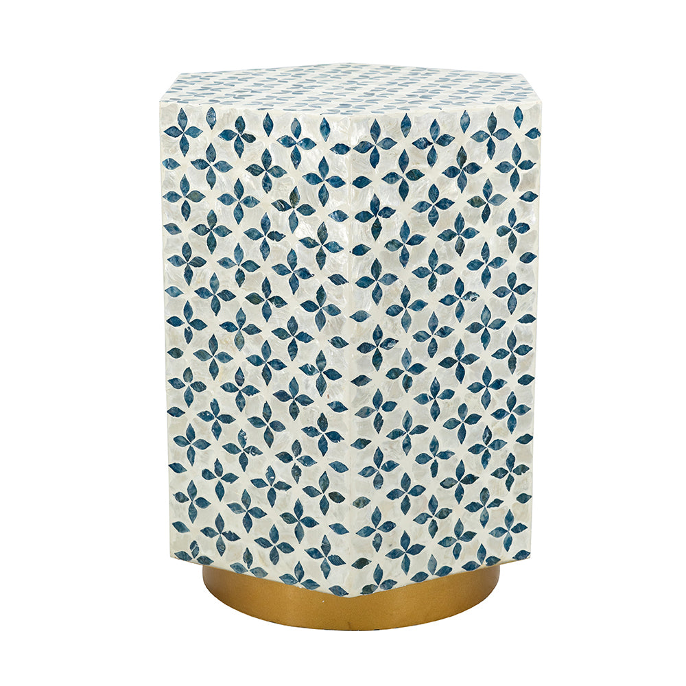 15x13x18.5' Hexagonal Accent Table with Blue Capiz Design and Gold Base