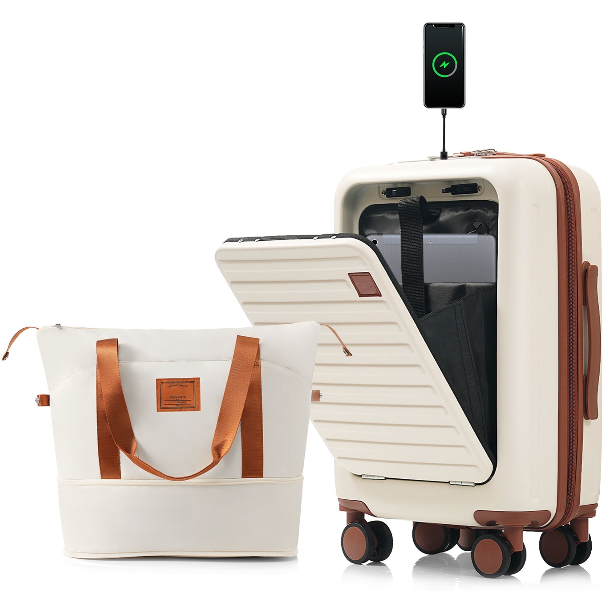 Front Opening 20-Inch Carry-On Luggage with Expandable Travel Bag Set, ABS Hard Shell Two-piece suitcase set with USB Port , Cup Holder, ivory and brown