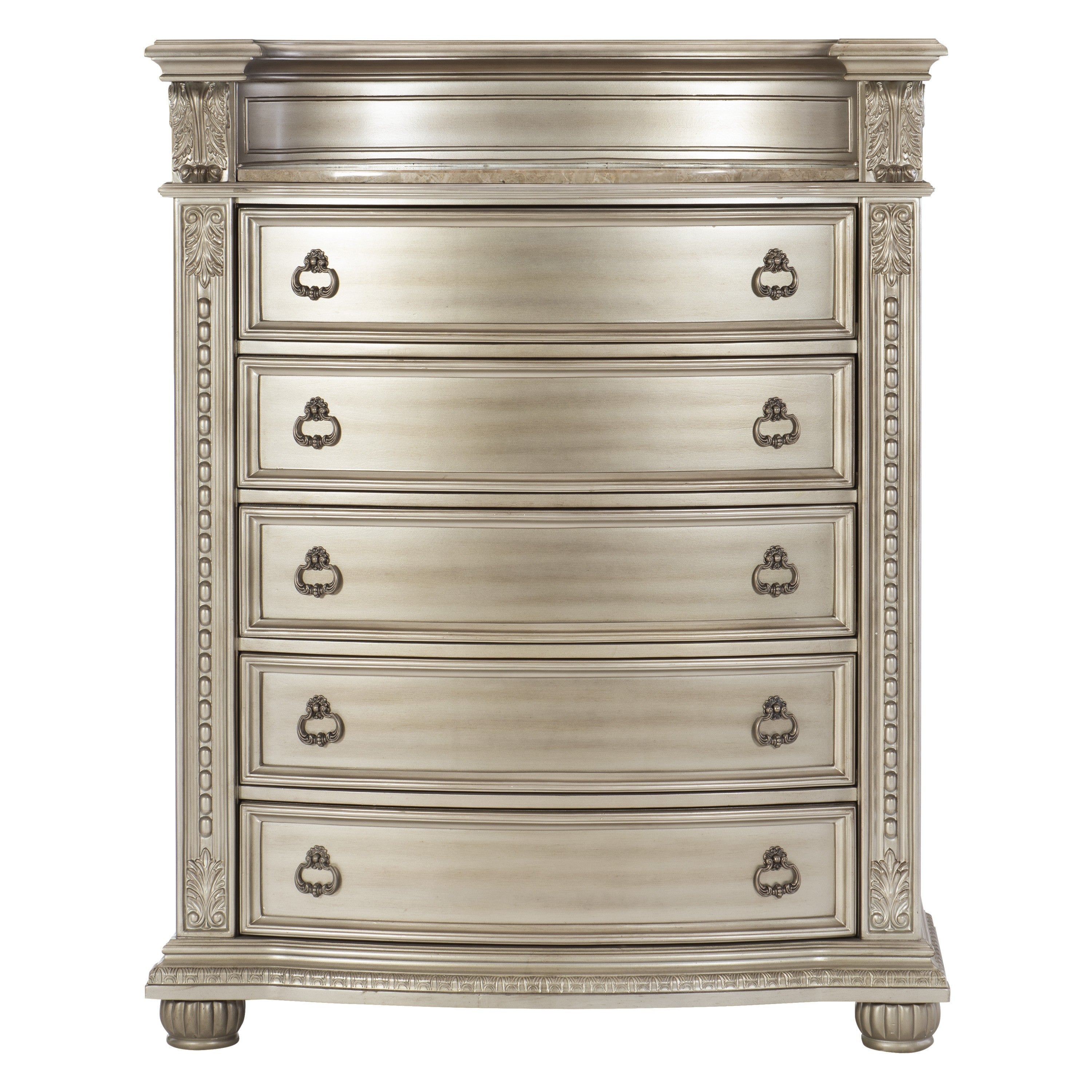 Silver Finish European Design 1pc Luxury Storage Chest with 5 Drawers Genuine Marble Insert Traditional Bedroom Furniture