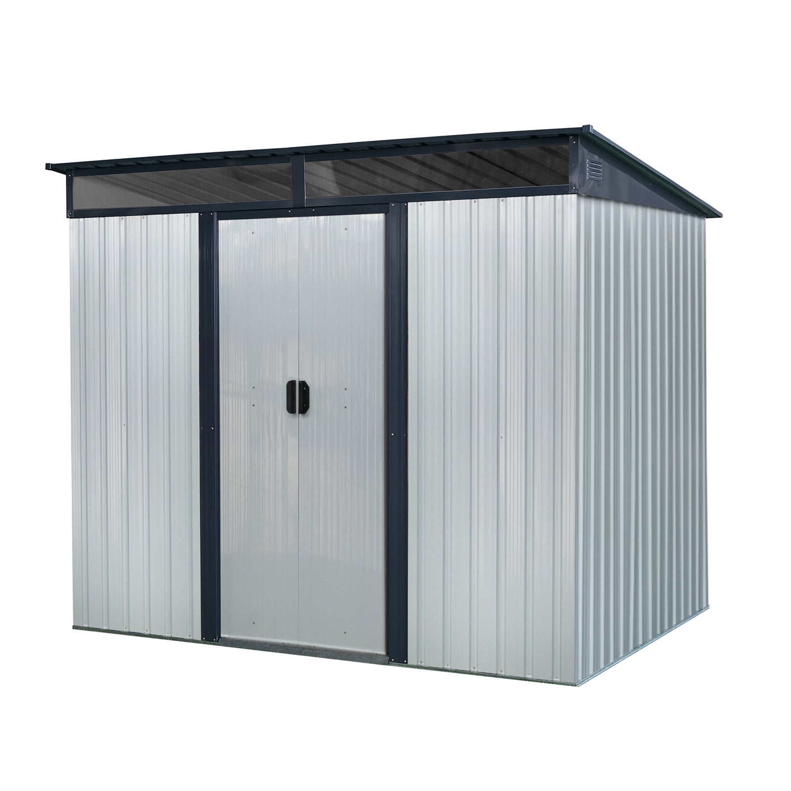 Outdoor Metal Storage Shed with Lockable Sliding Doors and Transparent Panels for Garden, Lawn - White and Black - 8ft x 6ft