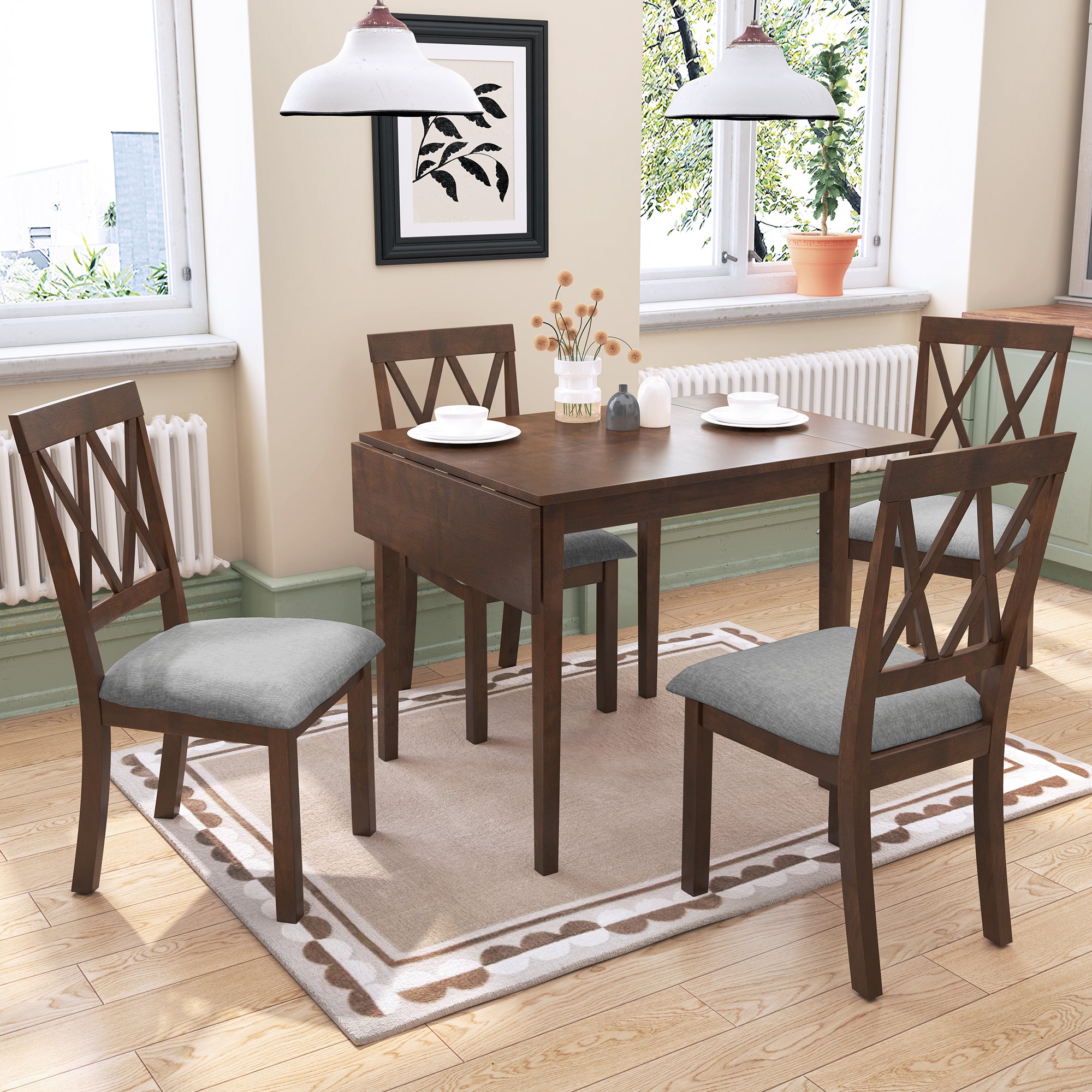 Foldable Dining Table Set for Small Space, 5 Piece Extendable Dining Set Farmhouse Style, Small Kitchen Table Set with Drop Leaf Dining Table and 4 Dining Upholstered Chairs, Brown