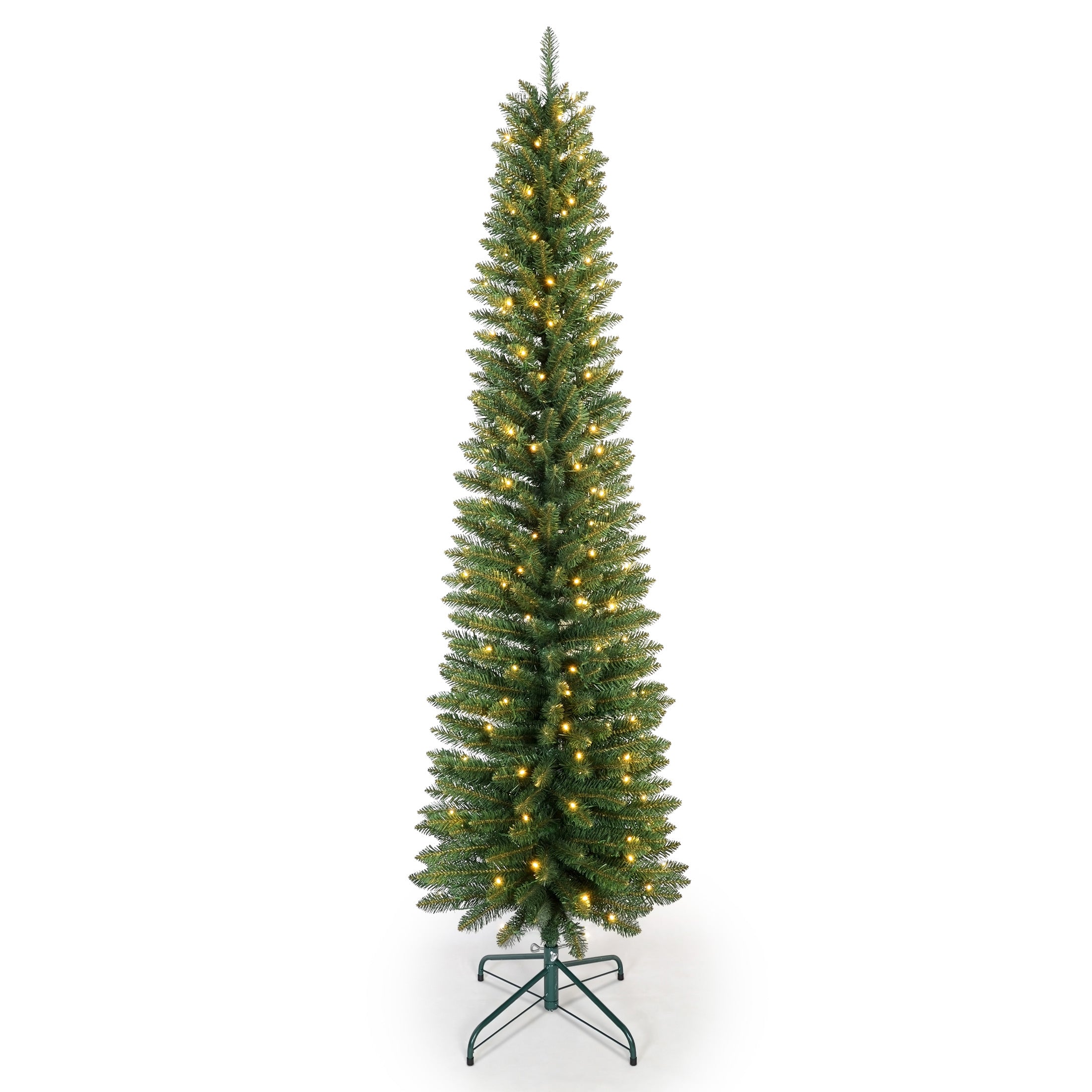 7FT Green Pencil Christmas Tree with 200 Warm White LED Lights – Slim PVC Tree with 469 Tips, Compact Design, Stable Metal Stand, Easy to Assemble