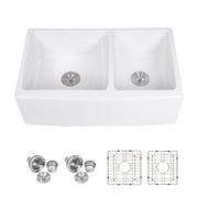 White Farmhouse Sink - 33 inch Ceramic Double Bowl 60/40 Kitchen Sink in White with Deep Basin and Stainless Steel Grids