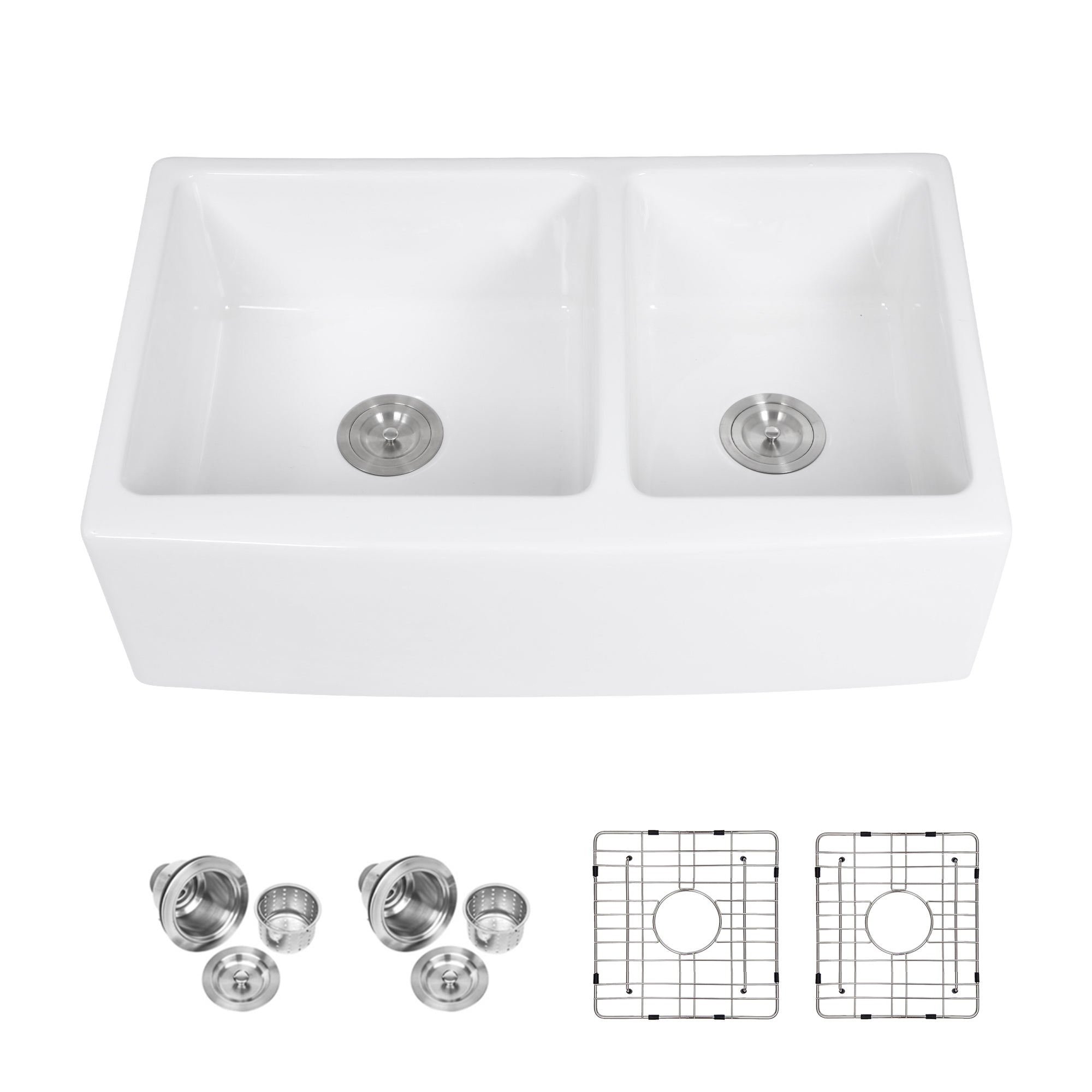 White Farmhouse Sink - 33 inch Ceramic Double Bowl 60/40 Kitchen Sink in White with Deep Basin and Stainless Steel Grids