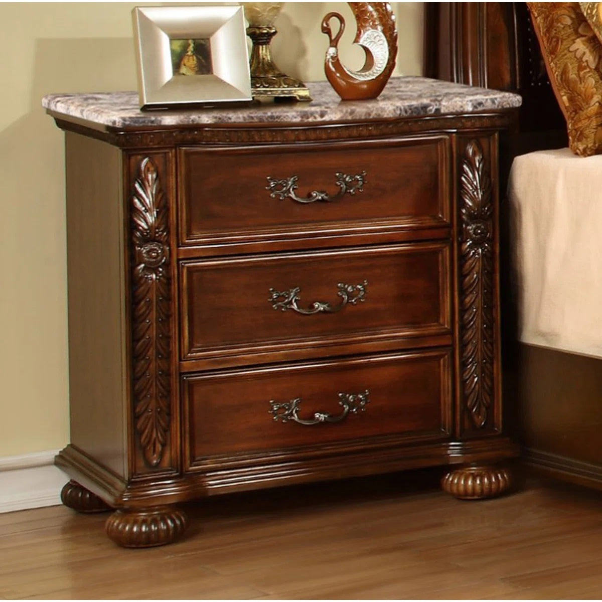 Formal Traditional Bedroom 3 Drawer Nightstand with Faux Marble Top, Solid Wood Bedside Table Hand Carved Storage Nightstand, Cherry