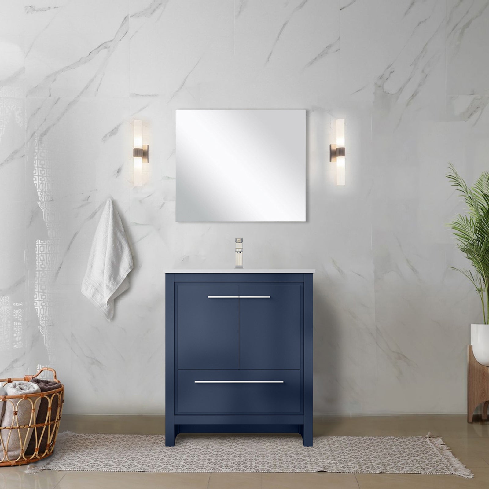 Navy Blue Bath Vanity 30 in. W x 20 in. D, Cultured Marble Top and Brushed Nickel Faucet Set