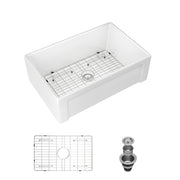 White Farmhouse Sink 30 inch Apron-front Ceramic Reversible Single Bowl Kitchen Sink in White with Stainless Steel Grid and Strainer
