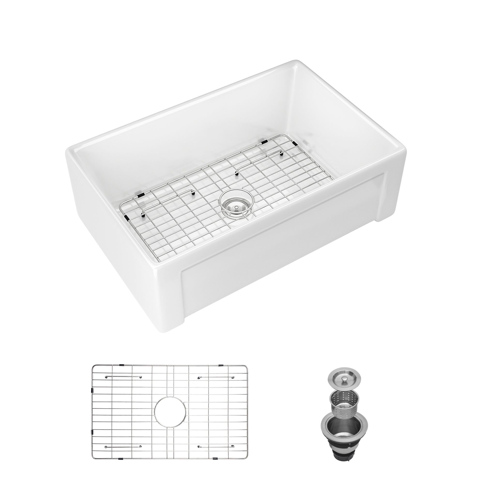 White Farmhouse Sink 30 inch Apron-front Ceramic Reversible Single Bowl Kitchen Sink in White with Stainless Steel Grid and Strainer