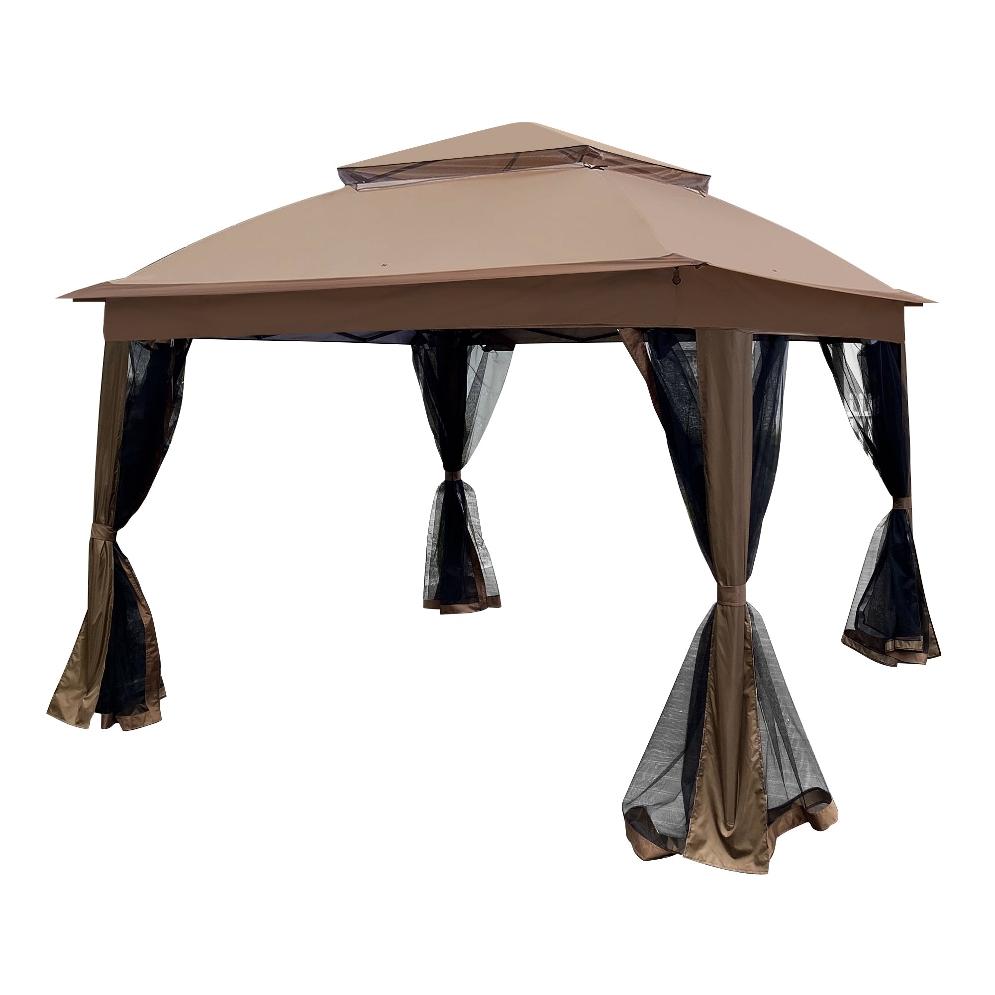 Outdoor Pop-Up Gazebo Canopy 11 x 11 ft (132 x 132 in) with 2-Tier Soft Top, Zipper Netting & 4 Sandbags – Brown Metal Frame
