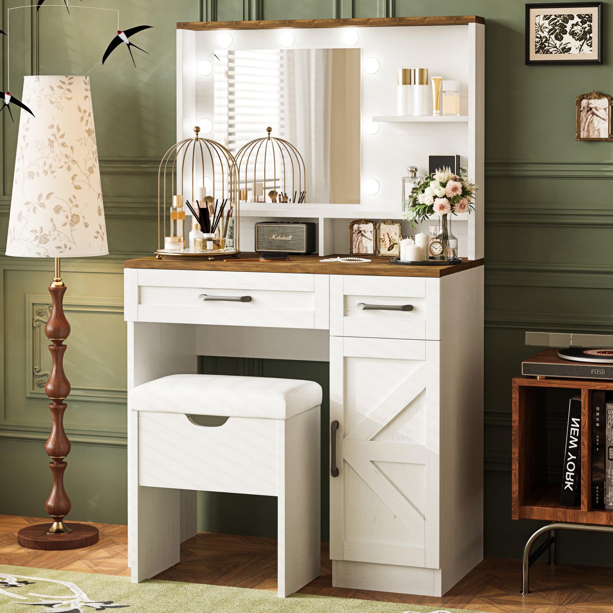 Farmhouse Makeup Vanity Desk with Mirror and Lights, 3 Lighting Modes, Vanity Set with Stool, Dressing Table with Adjustable Shelves,2 Drawers and Side Cabinet for Bedroom, White