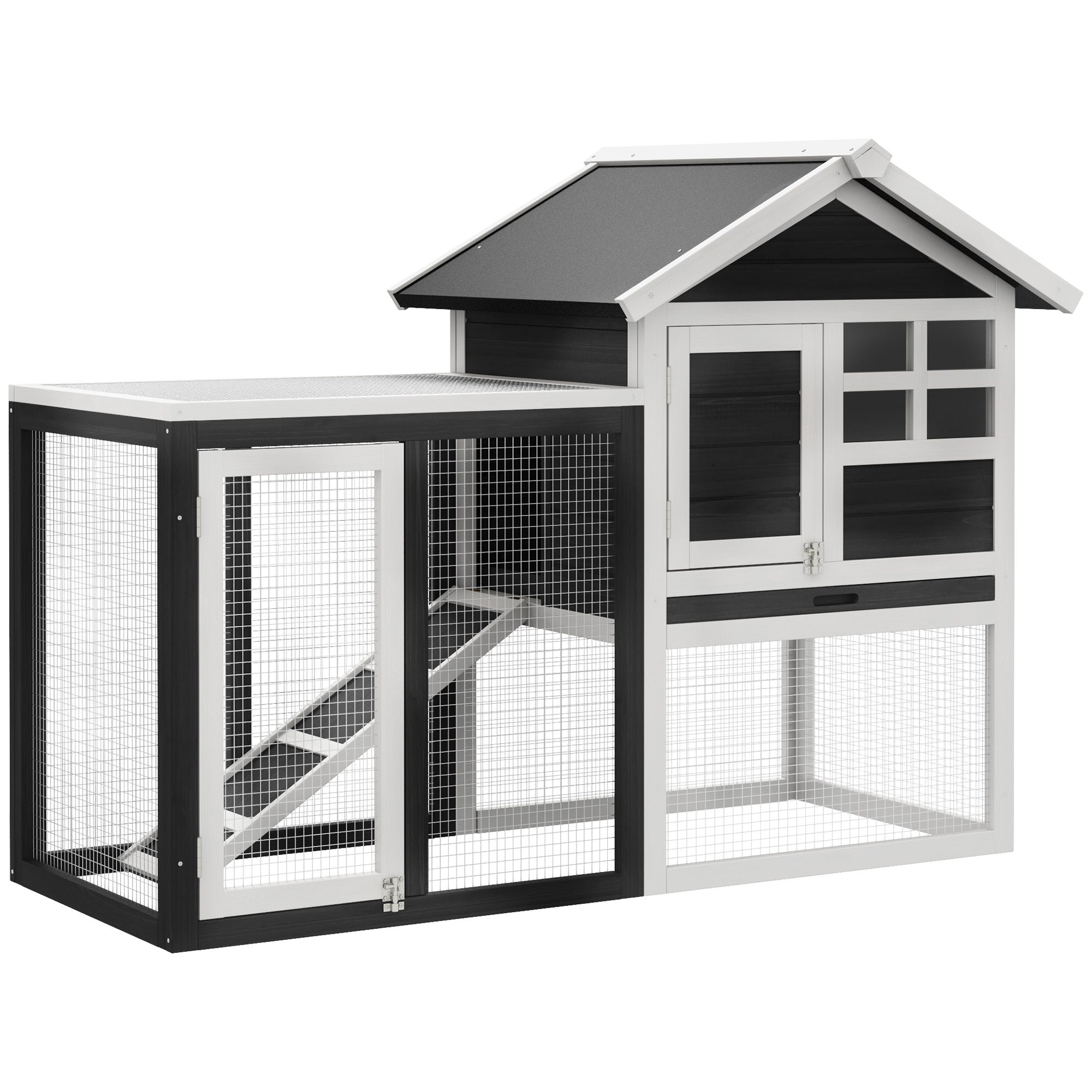 PawHut 48' Wooden Rabbit Hutch Bunny Cage with Waterproof Asphalt Roof, Fun Outdoor Run, Removable Tray and Ramp, Grey