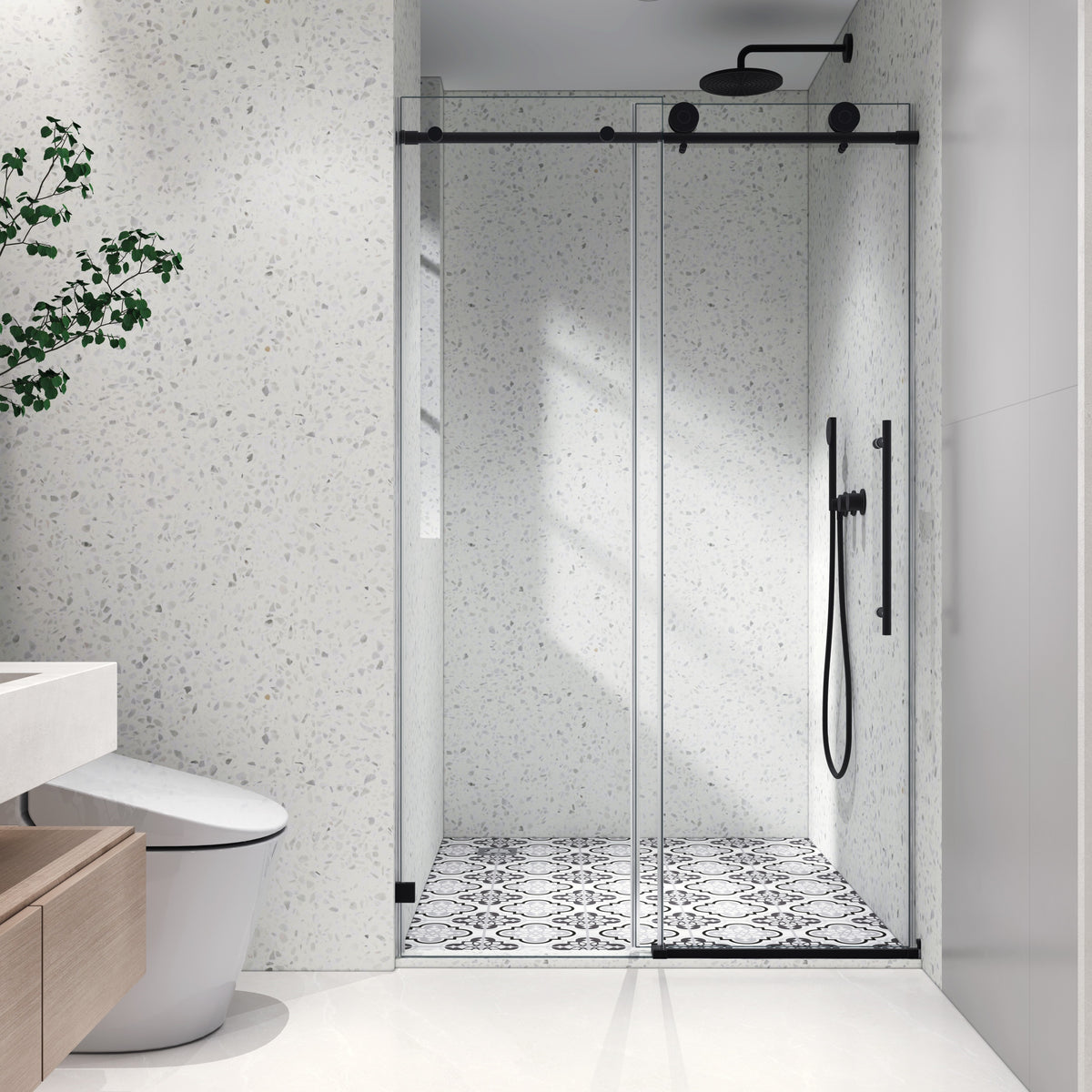 4876 Matte Black frameless one fixed and one shifted Shower Door, 70MM 304 SUS large pulleys with adjustable soft closing function,with nano easy cleaning and stick explosion-proof menbrance