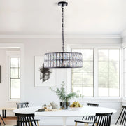 18' Black Modern Crystal Drum Chandelier, 6-Light Pendant Lighting Fixture with Metal Frame for Living Room, Dining Room, and Bedroom (Bulbs Not Included)