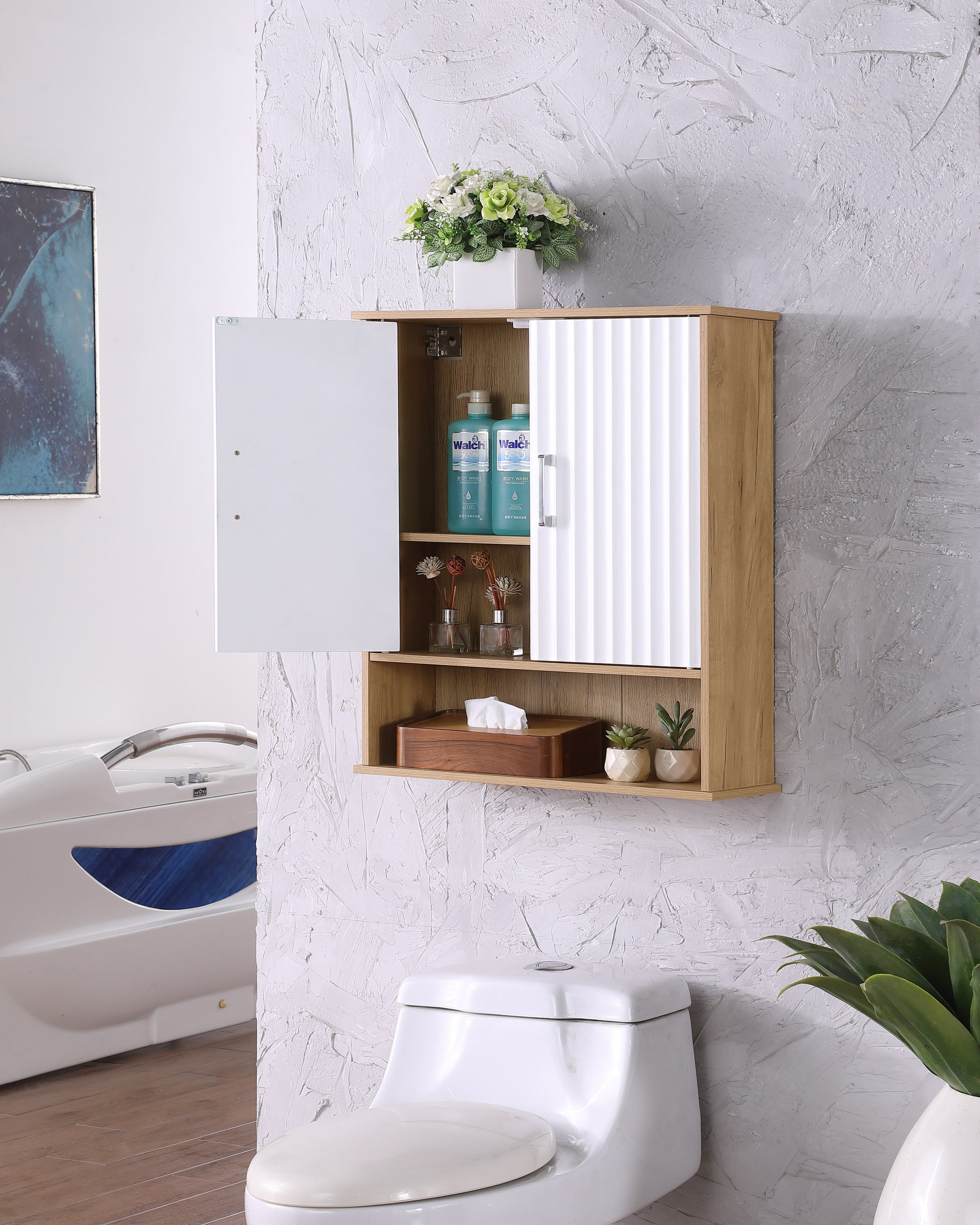 Bathroom Wall Cabinet with Double - Door, Bottom Shelf, Wavy - Patterned Doors, Adjustable Inner Shelf, Easy Installation, White & Natural Wood