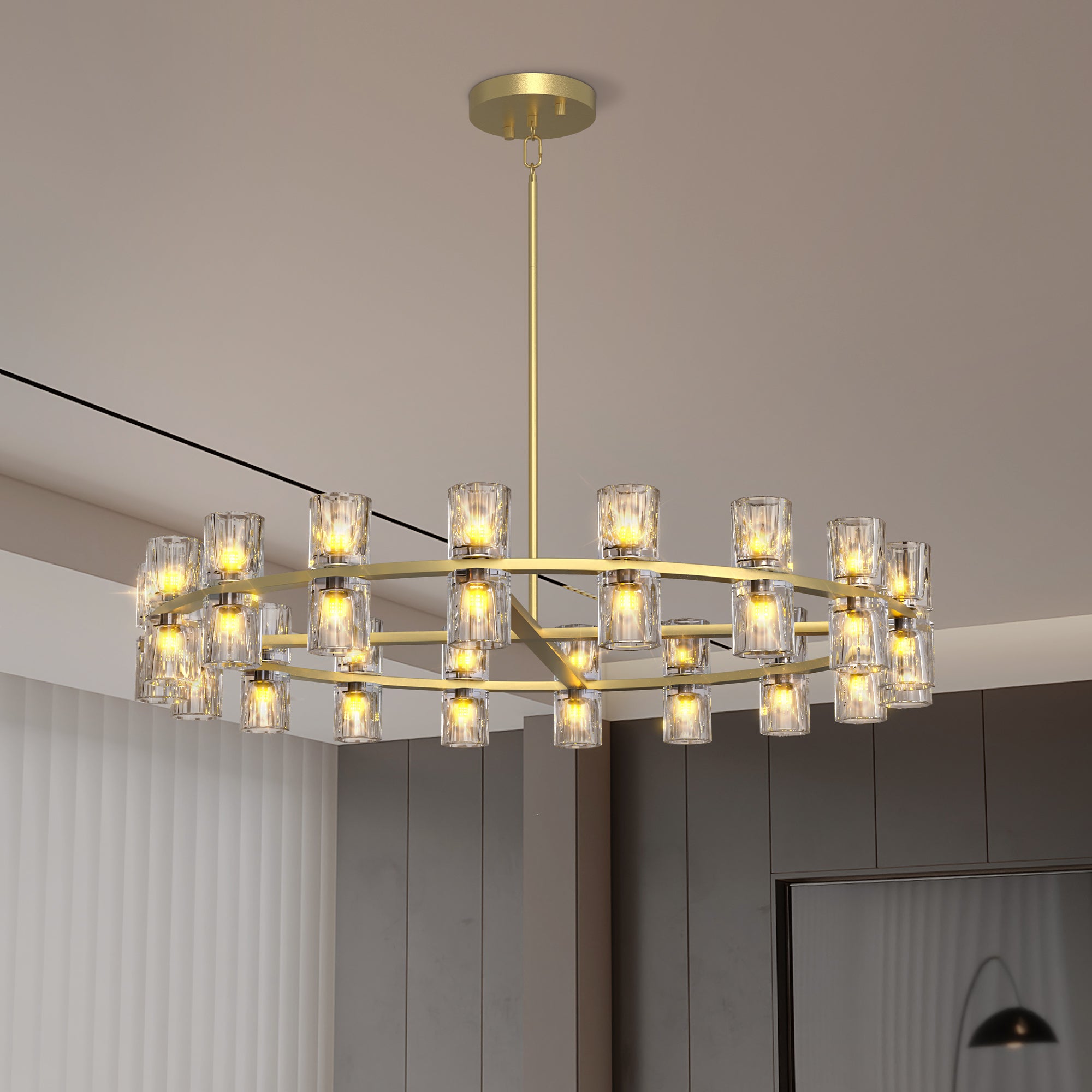 Modern 36' Gold Round Chandelier Light Fixture, K9 Crystal Chandeliers for Dining Room, Living Room, Dining Room Chandeliers Over Table, Chandelier for Bedroom, Foyer, Includes 36XG4 Bulbs