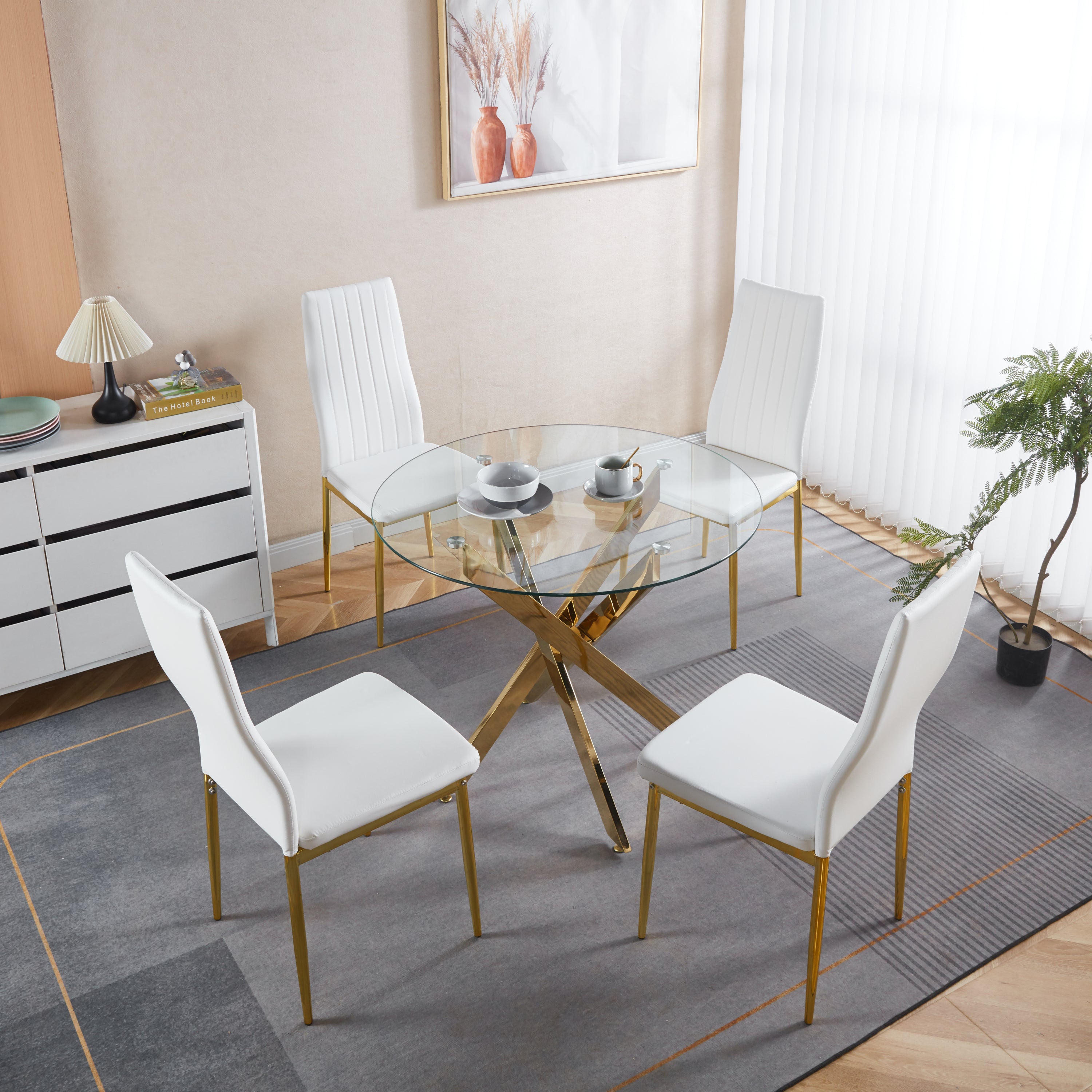 1+4,5pieces dining set, Table metal leg Mid-century Dining Table for 4-6 people With Glass  Table Top, Pedestal Dining Table, End Table Leisure Coffee Table