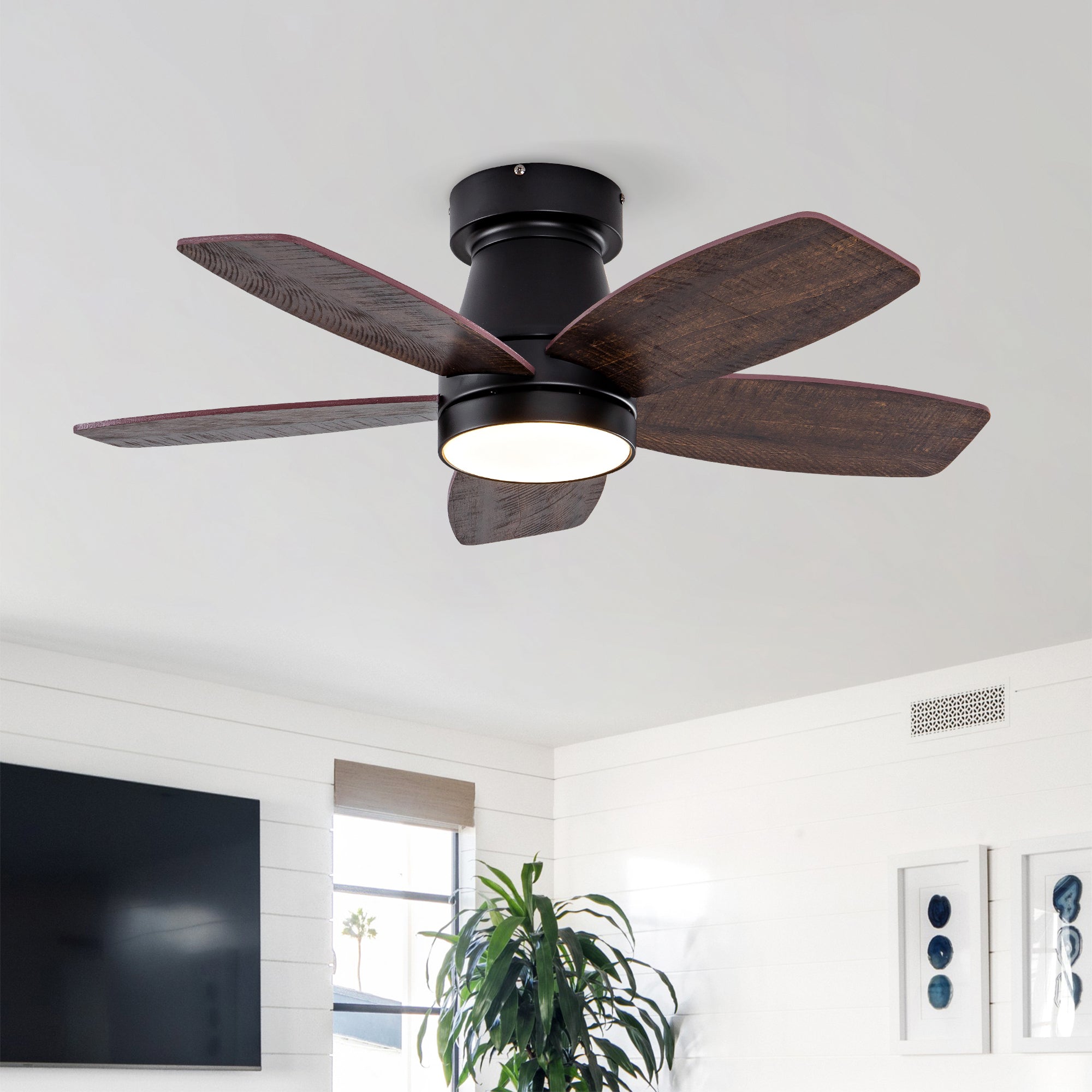 Hot sales 32 Inch Modern Black Ceiling Fan With Light 3 Solid Wood Blades Remote Control Reversible DC Motor With Dimmable LED