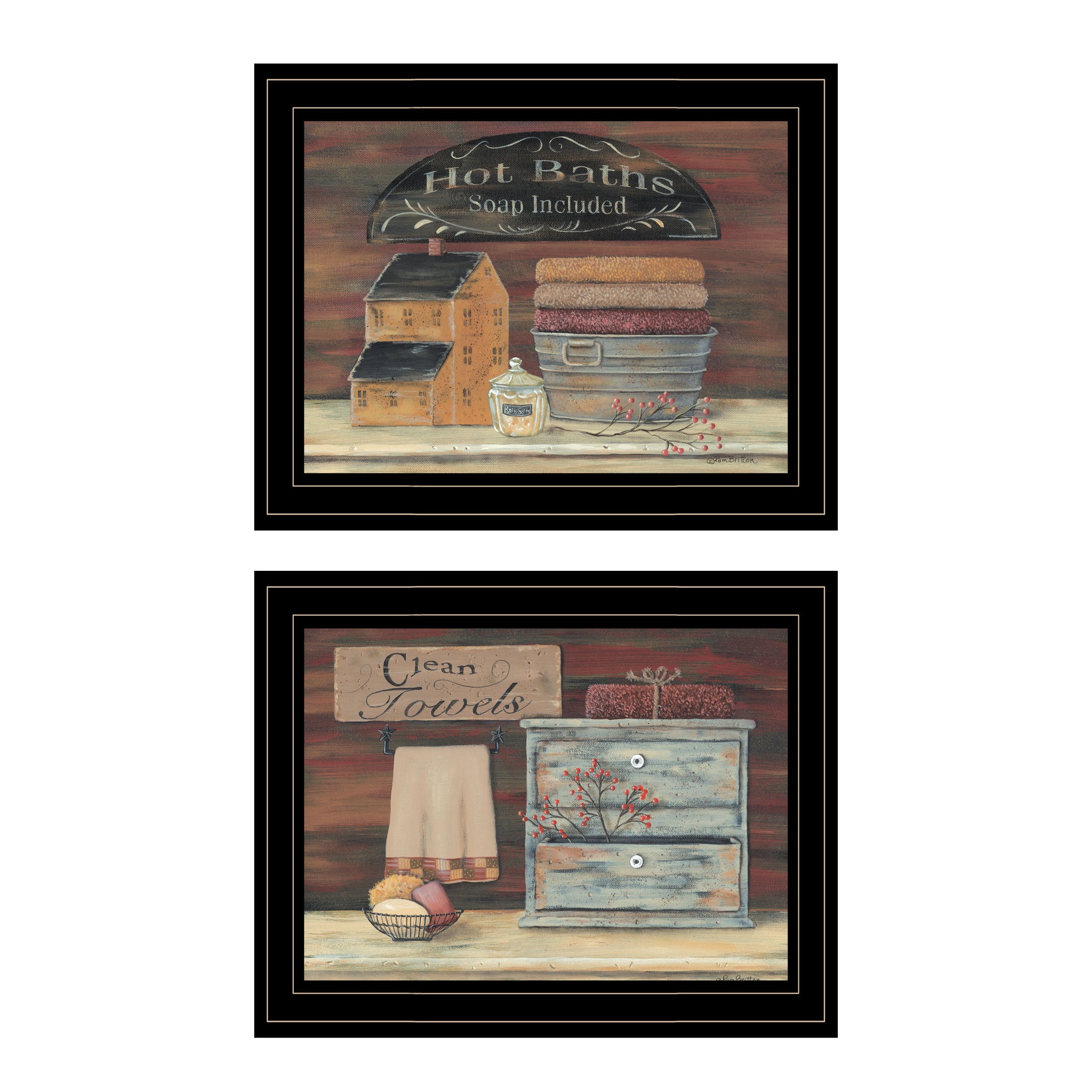 'Hot Bath / Clean Towels 2(17X14) Collection' 2-Piece Vignette By Pam Britton, Black Frame
