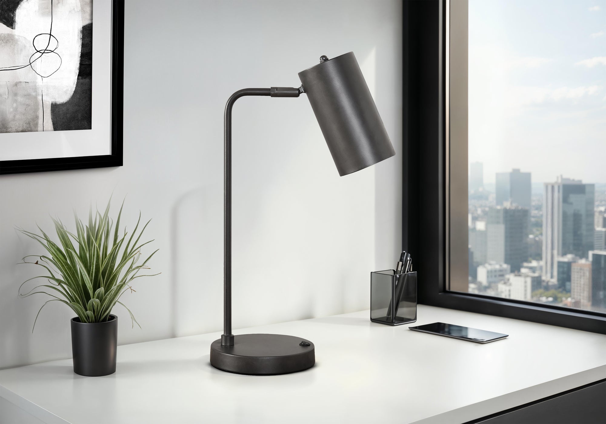 Lighting, 18'h, Table Lamp, Usb Port Included, Grey Metal, Grey Shade, Modern
