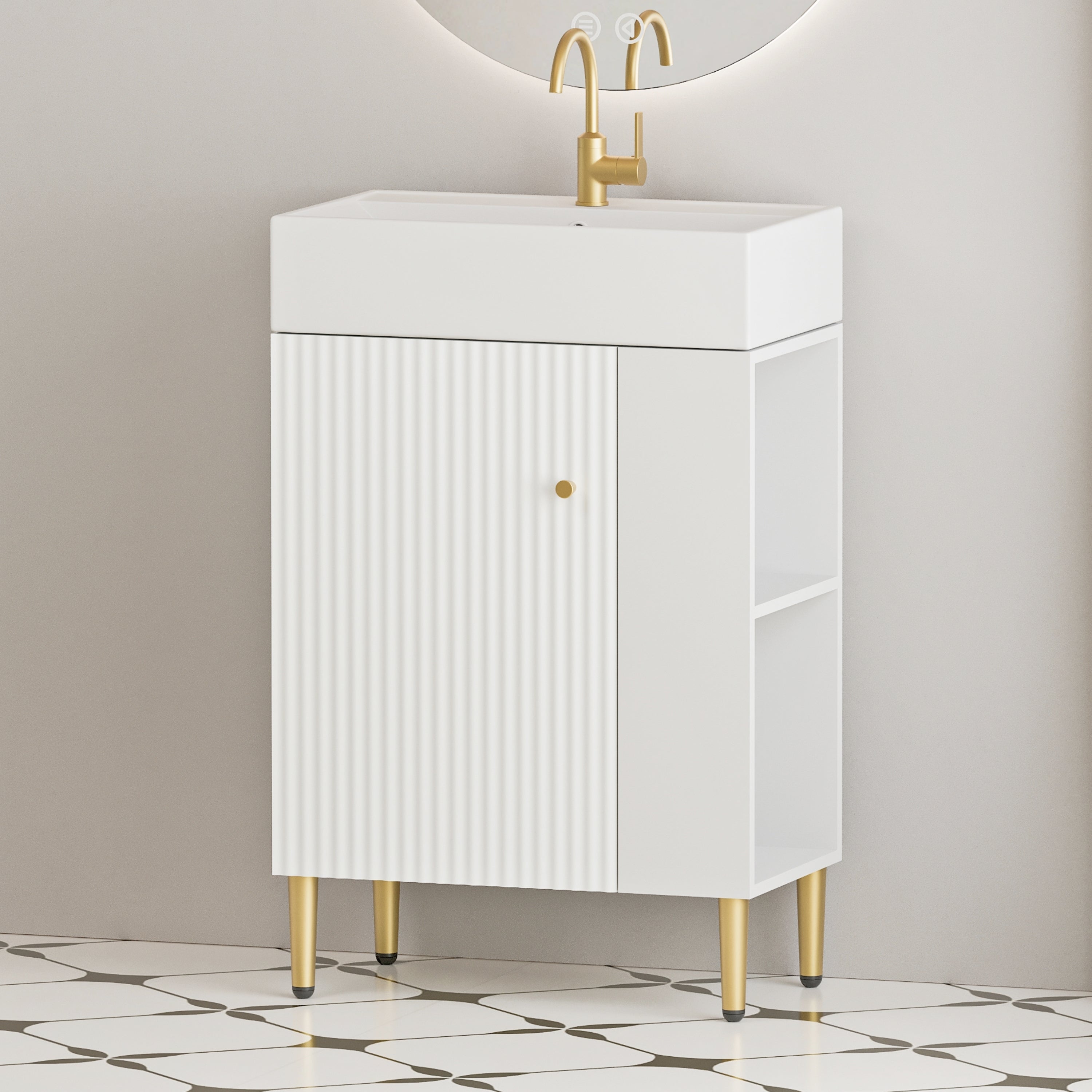 21.6' Open-shelving Bathroom Vanity with Ceramic Sink and Soft-Closing Door, Cloakroom Open Shelf Storage Cabinet on the Right Side, Assembly Required, White 24VB06-21WHR***CONTACT SELLER FOR STOCK***