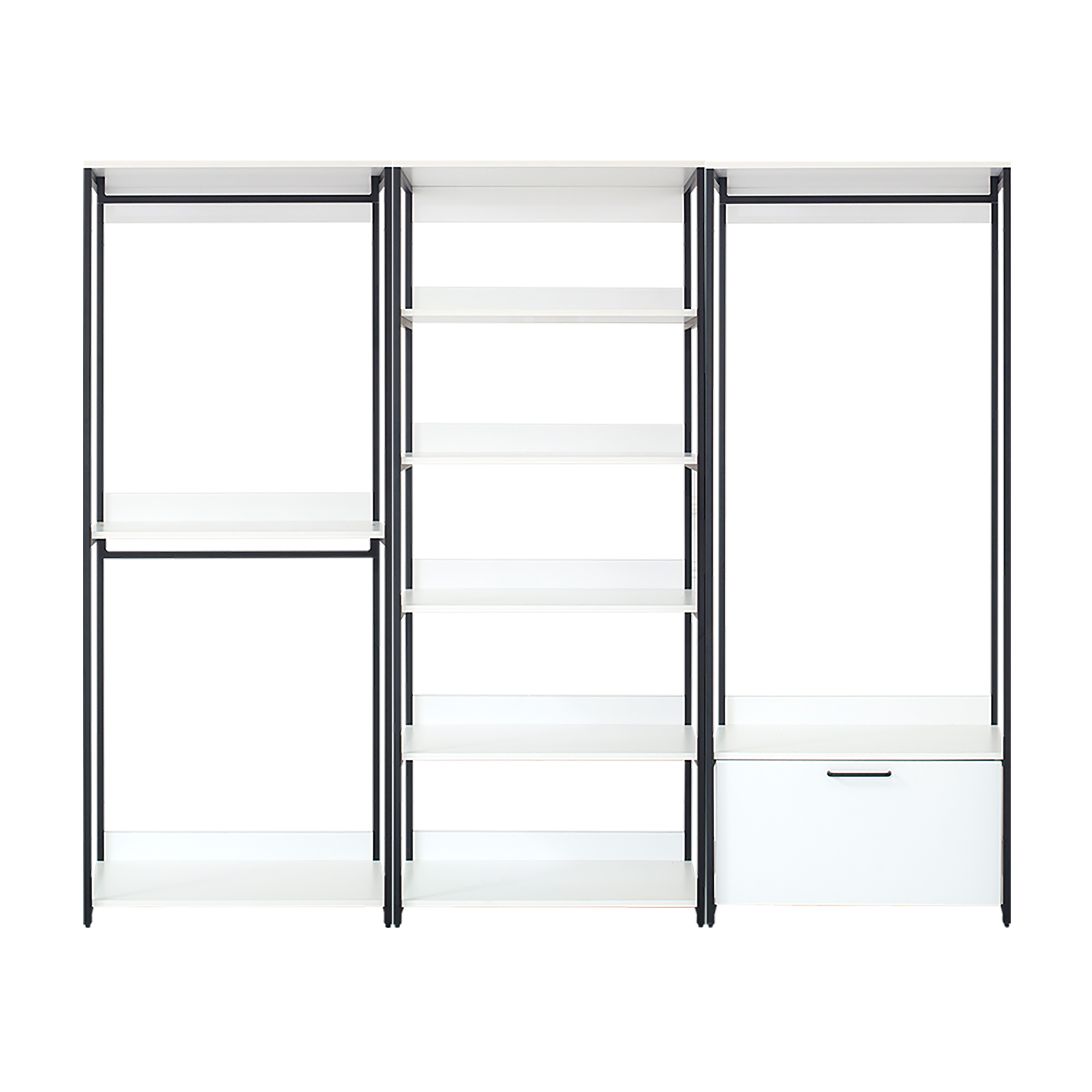 Fiona Freestanding Walk-In Wood Closet System with Metal Frame, White Melamine, 96x17.3x77.7 Inches