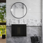 24-Inch Wall-Mounted Bathroom Vanity with Sink Combo,Double Doors,Soft Close Hinges, Ceramic Basin,Easy Assemble,Gold Metal Long Handle,Storage Space,Glossy Black