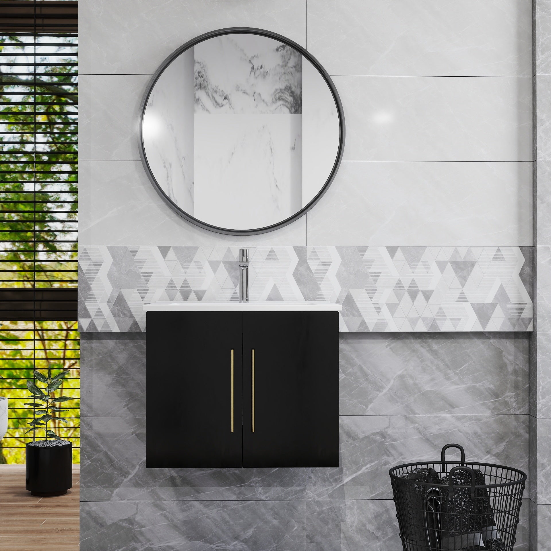 24-Inch Wall-Mounted Bathroom Vanity with Sink Combo,Double Doors,Soft Close Hinges, Ceramic Basin,Easy Assemble,Gold Metal Long Handle,Storage Space,Glossy Black